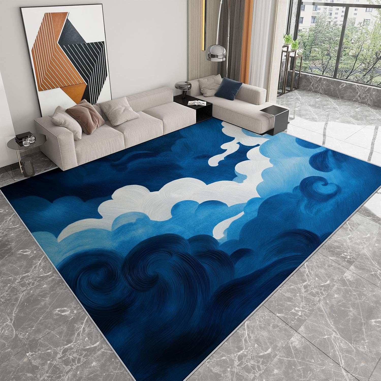 5 x 6 ft Machine Washable Blue Area Rug, Non Slip Soft Low Pile Rug with Non-Slip Backing - Wave Theme Abstract Pattern Ultra Soft Foldable Carpet for Bedroom Living Room Playroom