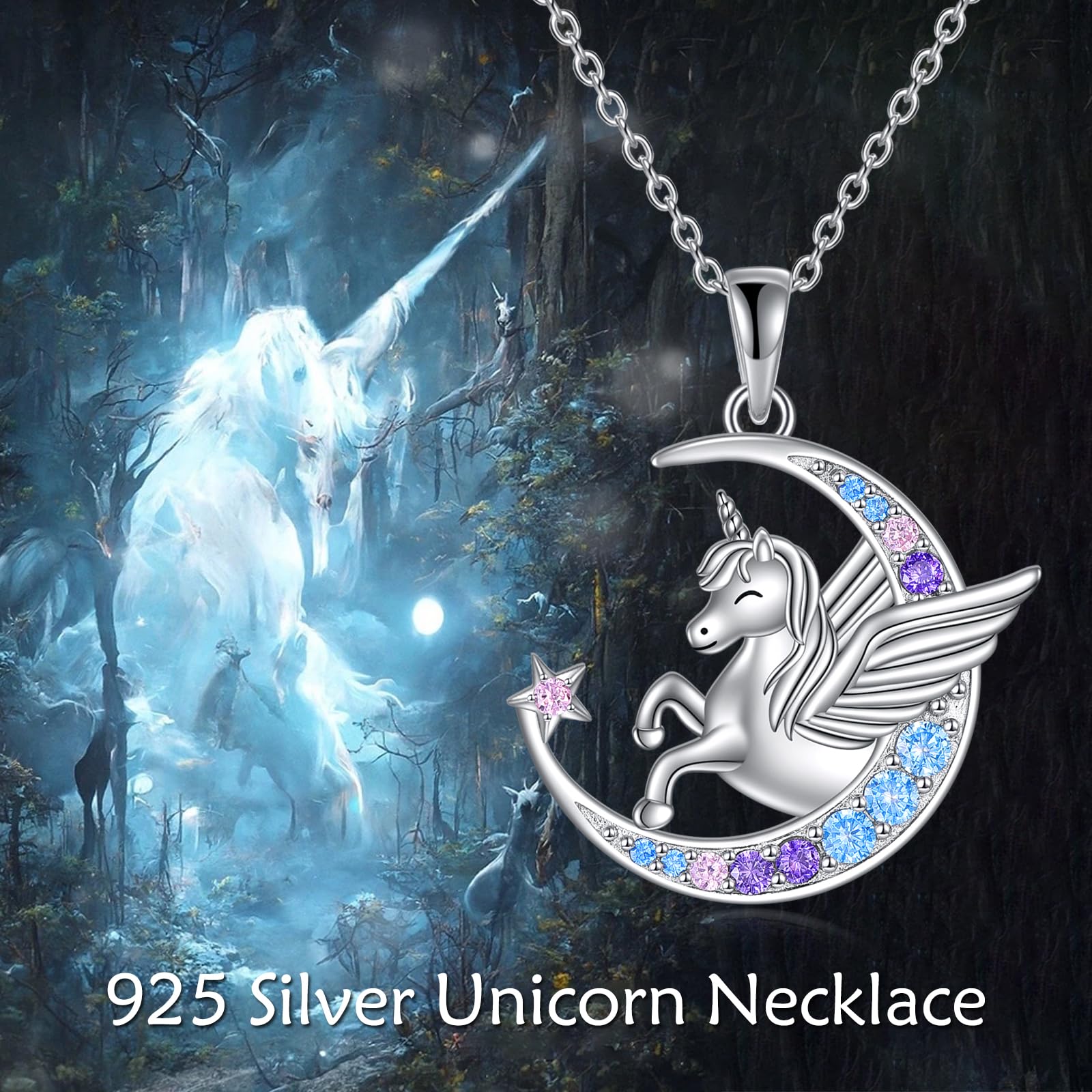 YFN Cadena de unicornio de plata 925 para niña, colgante de unicornio, collar para mujer, joyas de cumpleaños, regalos para hija y mamá, Plata esterlina, Circonia cúbica