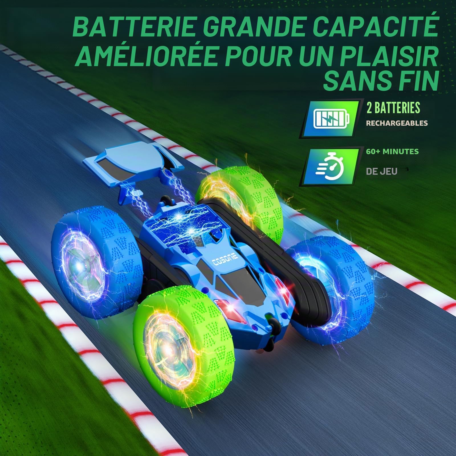 cosone Voiture Télécommandée pour Enfants - avec Lumières de Roue Cool - Rotation à 360 ° - Jouet pour Garçon de 6, 7, 8, 9, 10-12 Ans, (Bleu et Vert)