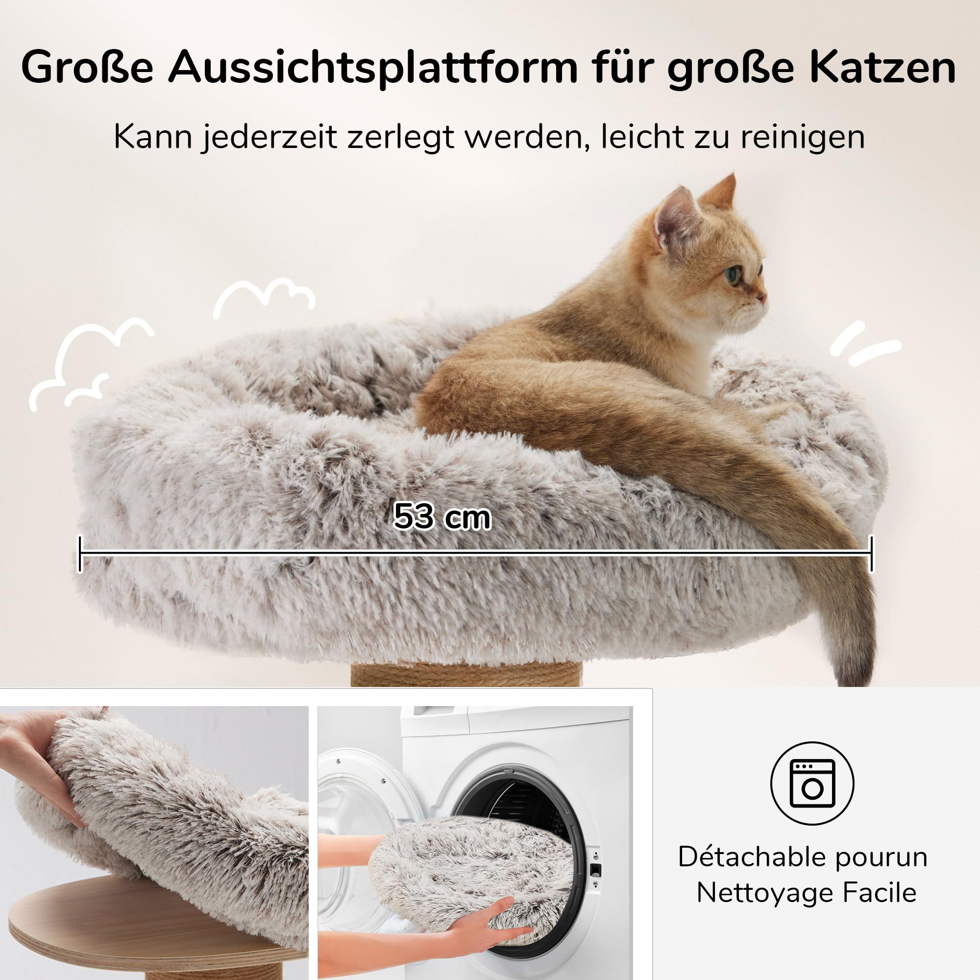 FUKUMARU Katzenkratzbaum, 71 cm hoher Kratzturm, Durchmesser von 14 cm Dicker Jutestamm（Große Kratzfläche）,53x53cm Plattform, für Katzen zum Kratzen und schlafen.