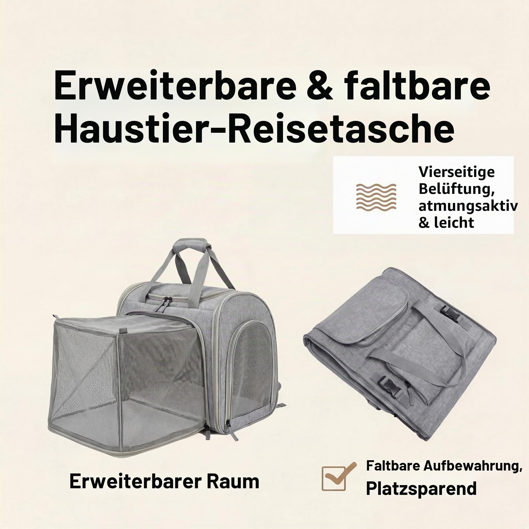 Atmungsaktiver Katzenrucksack, erweiterbarer & Faltbarer Haustier-Reiserucksack, Transportrucksack für Katzen, Kleinhunde, mit Gurt für Autositz & Gepäckträger, für Reisen, Spaziergänge