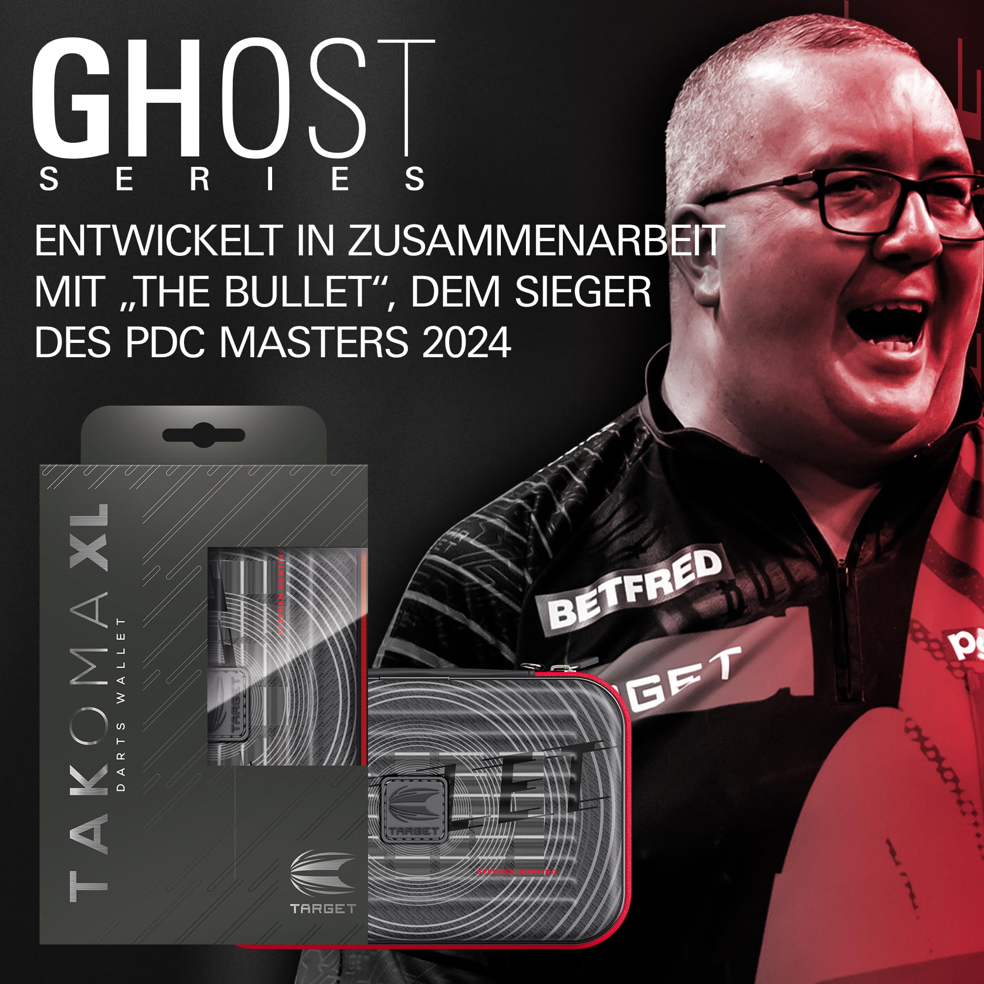 Target Darts Stephen Bunting Ghost Series XL Takoma Wallet Regular – Dartkoffer schwarz/weiß | The Bullet“ Darttasche mit Reißverschluss| professionelles Zubehör | Platz für 6 komplett montierte Dart