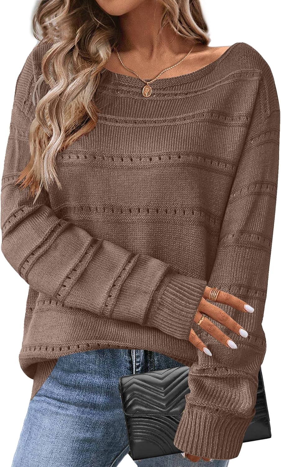 Zeagoo Womens Sweaters Cute Long Sleeve Off The Shoulder Pullover Tops Hollow Out Crochet Dressy Casual Outfits