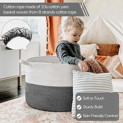 Vista 255 de INDRESSME - Canasta extragrande para ropa sucia de cuerda de algodón, cesta tejida decorativa con asas para guardería y sala, contenedor para Gris