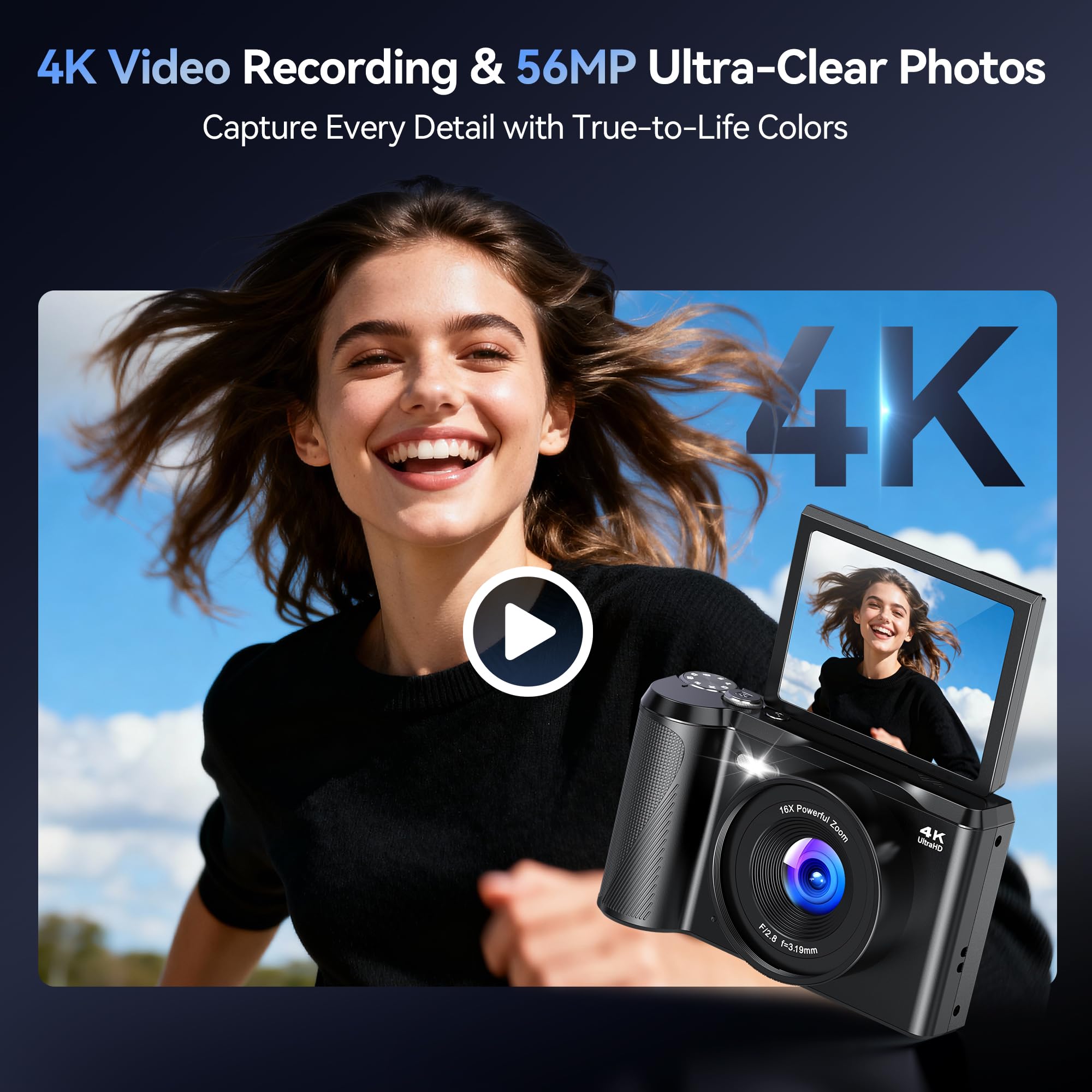 Appareil Photo Numérique 4K Digital: 56MP Appareils Numérique avec molette de Mode Écran Rabattable 180° - Camera pour Vlog avec Carte 32GB - pour Adolescents Débutants Adultes Enfant
