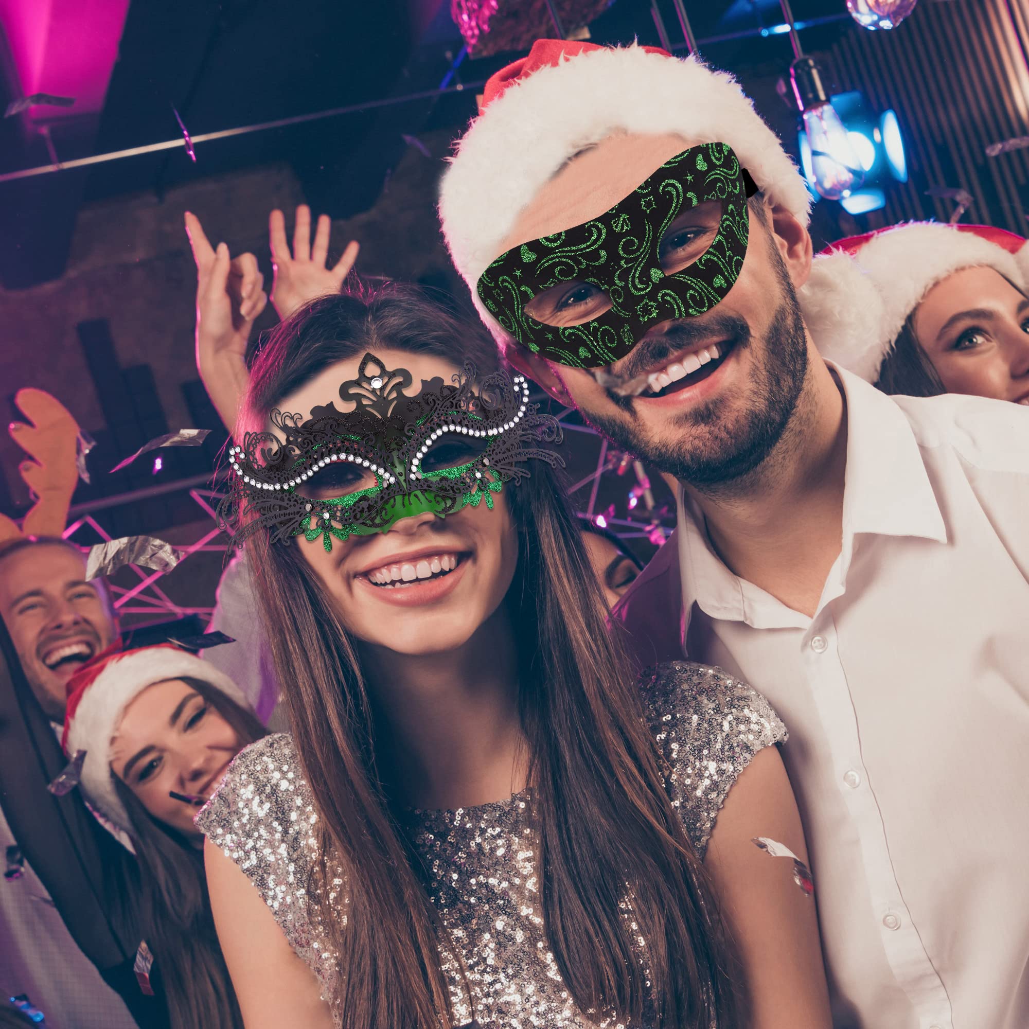 SIQUK Couple Masquerade Masks Metal Venetian Party Mask Halloween Costume Mask Mardi Gras Mask for Couples Women and Men: Inlaid Alloy Black & Green