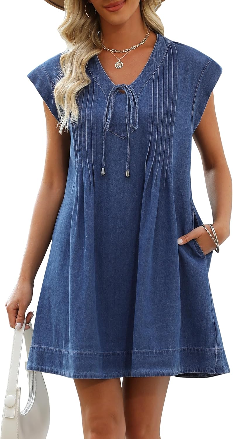 Denim Dress for Women,V Neck Jean Dresses Short Sleeves Denim Romper Dress with Pockets - Image 2