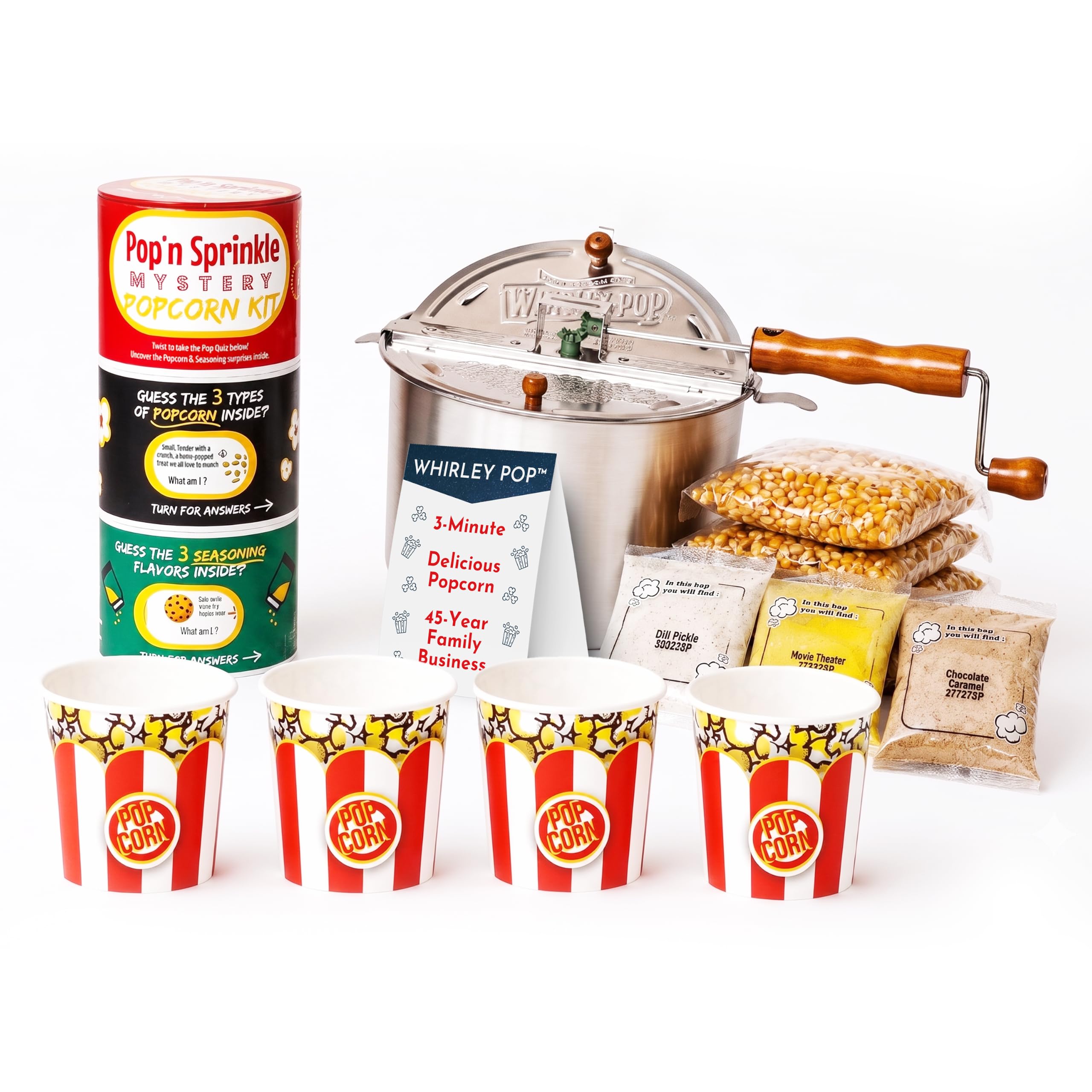 Máquina original de palomitas de maíz Silver Whirley Pop Pop, juego de regalo misterioso Pop'n Sprinkle con 3 variedades de granos gourmet, 3 sabores de condimentos y 4 cuencos clásicos de palomitas