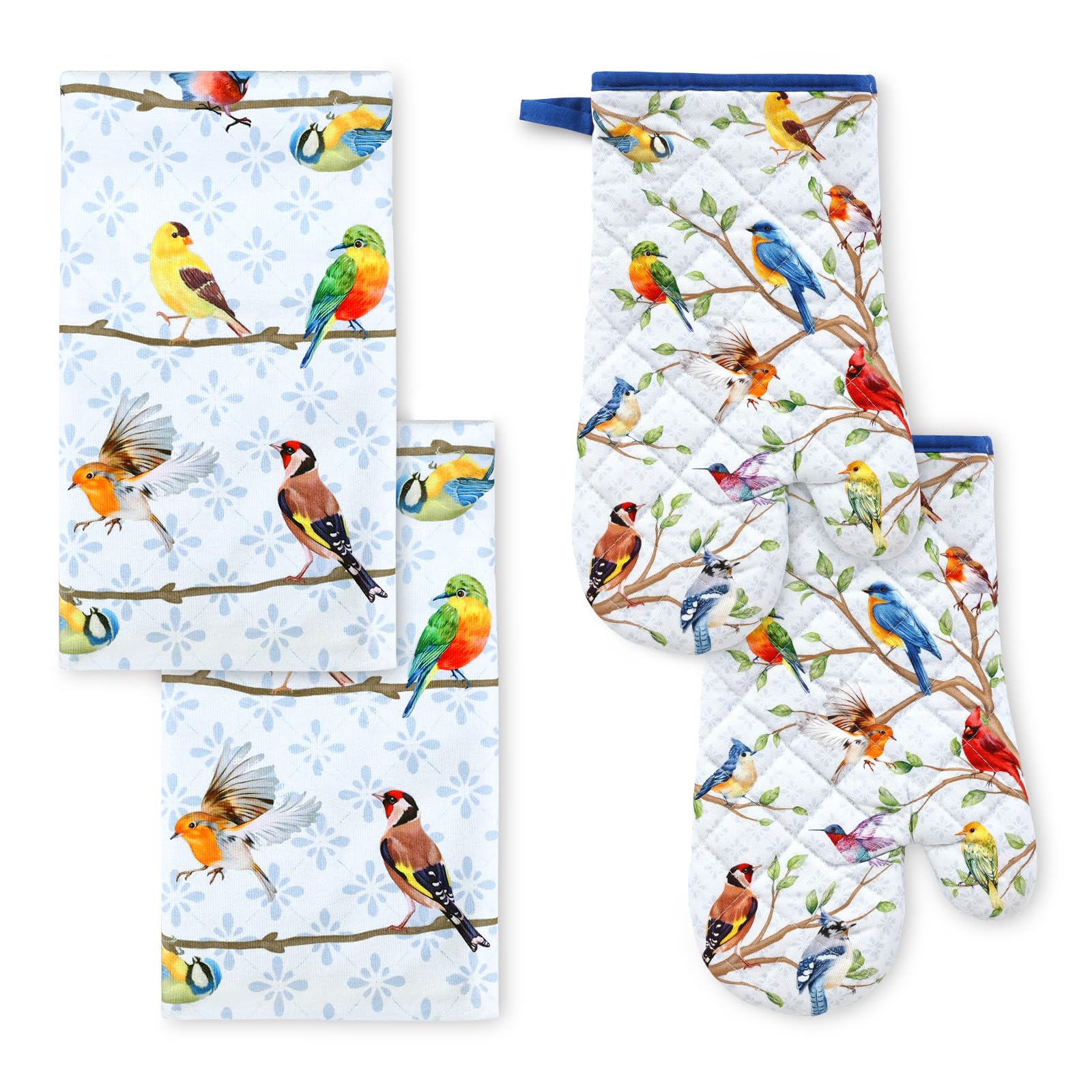 Arquiel Bird Branch Kitchen Towels and Oven Mitts Sets 4Pcs, Soft Absorbent Dish Cloth Heat Resistant Kitchen Gloves for Cooking Baking Decoration, Housewarming Gifts for Mom