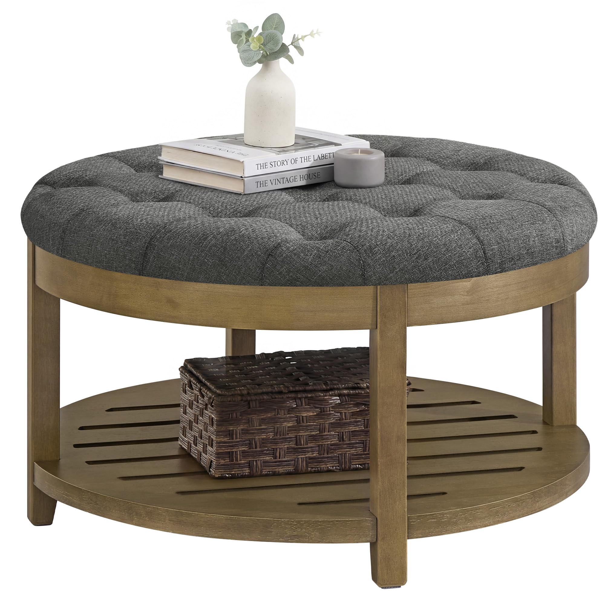SONGMICS Storage Ottoman with Solid Wood Frame Round Upholstered Ottoman Coffee Table Footrest Tufted Cushion for Living Room