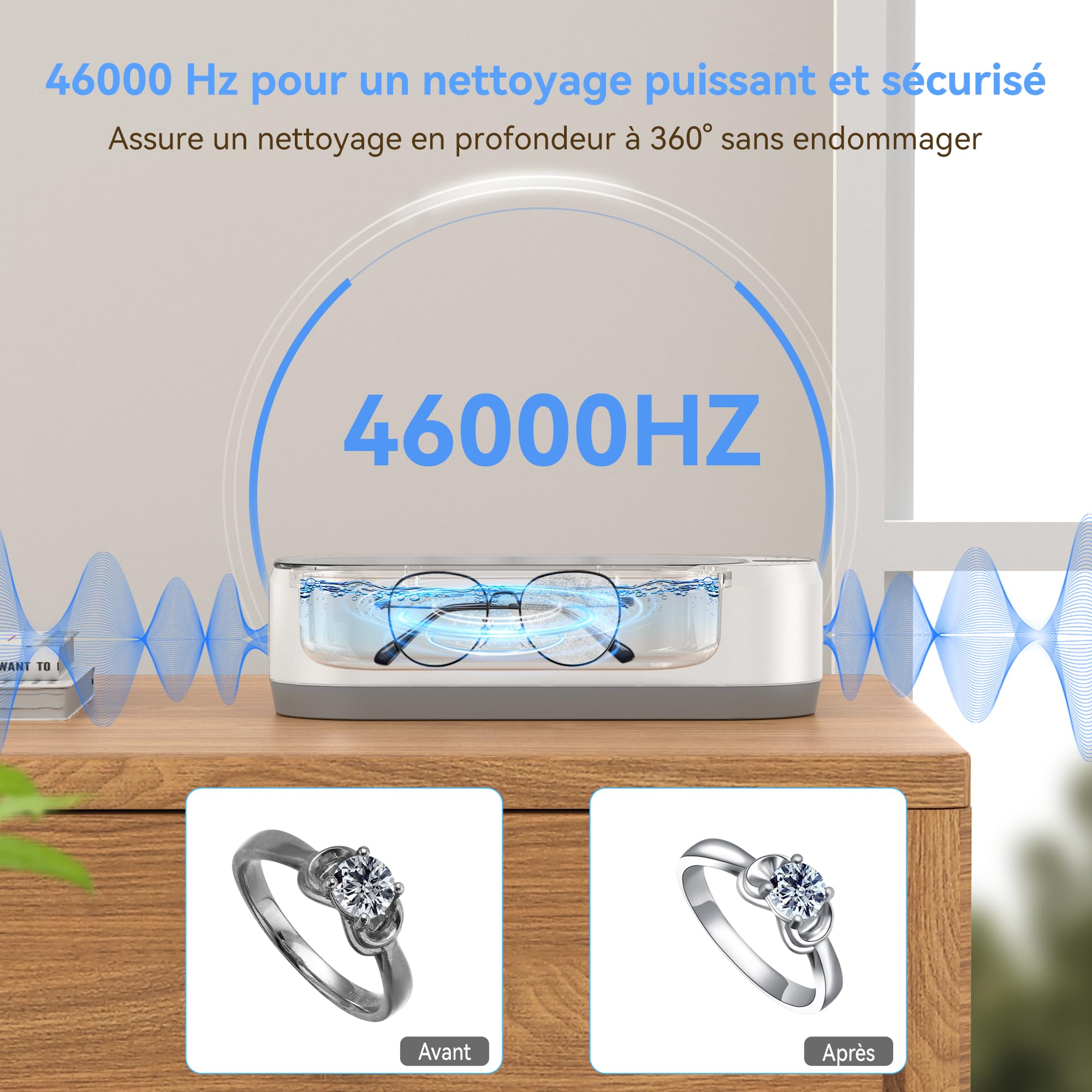 KUNPHY Nettoyeur Ultrason 48kHz Professionnel, Bac 400ML en Acier Inoxydable, 2 Modes 5/10 Min, Nettoyage Profond Silencieux pour Lunettes, Bijoux, Montres, Prothèses Dentaires et Outils Onglerie