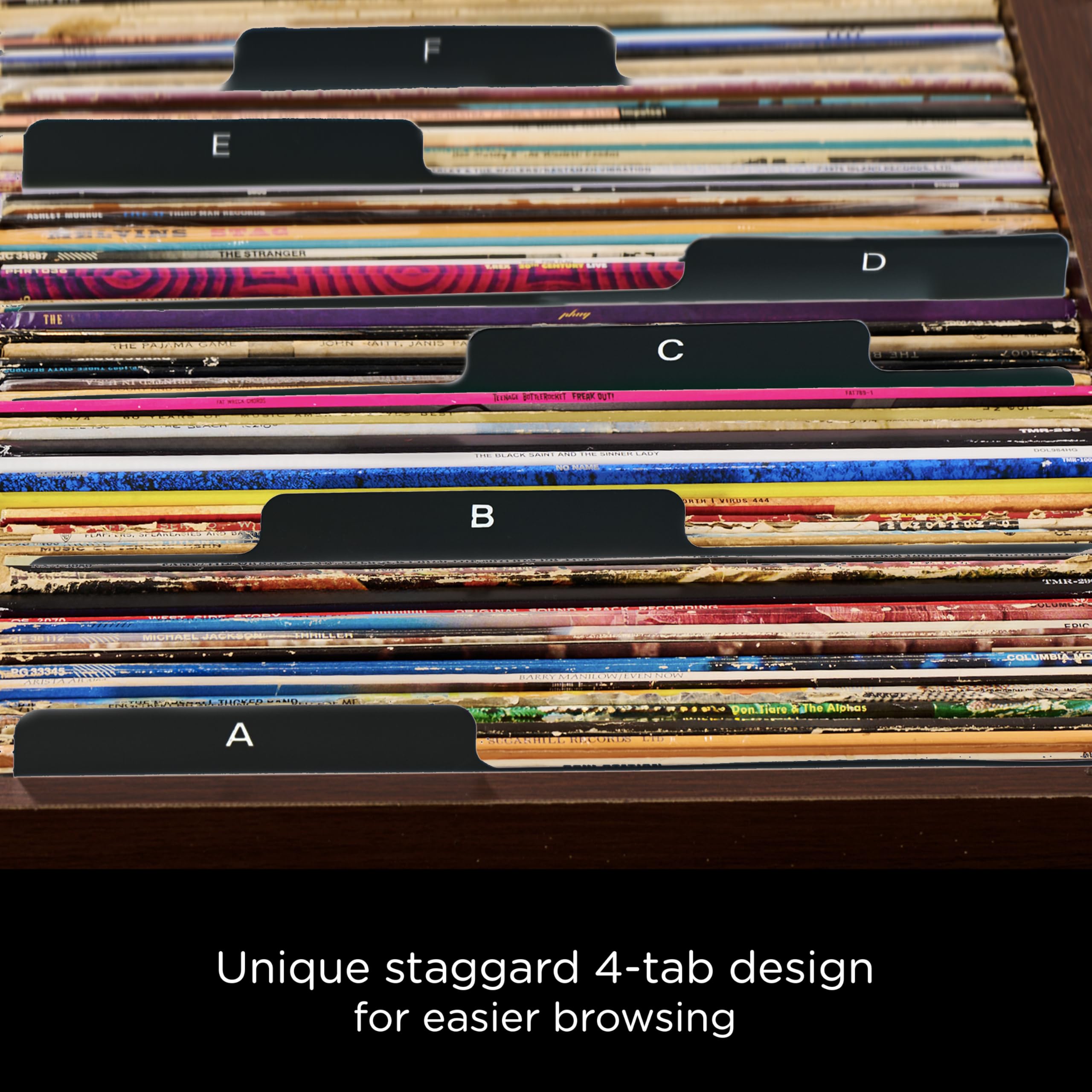Carstens Records Separadores de álbumes de vinilo resistentes A-Z | Organizadores de 12 pulgadas con pestañas | Paquete de 26 negros | Fabricado en los Estados Unidos | para la mejor navegación