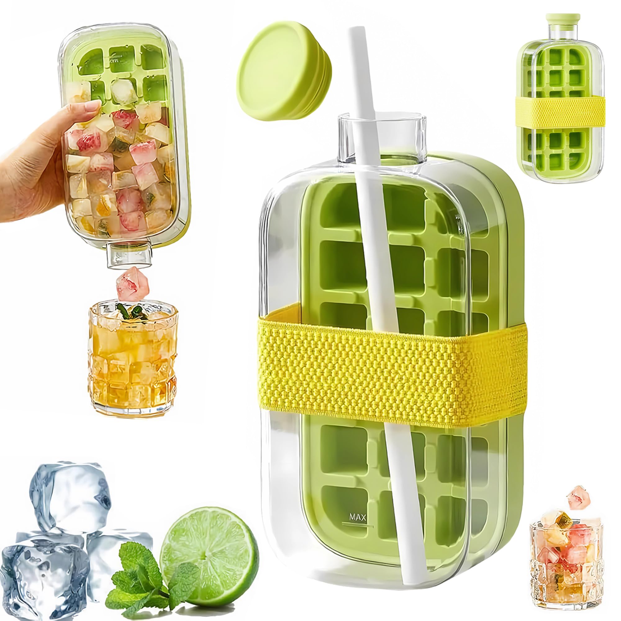 Ice Cube Bottle, 2 in 1 Touch-Free Ice Cube Tray Water Bottle with Lid and Bin, Ice Cube Making Bottle with Straw & Strap, Perfect for Juice, Coffee,