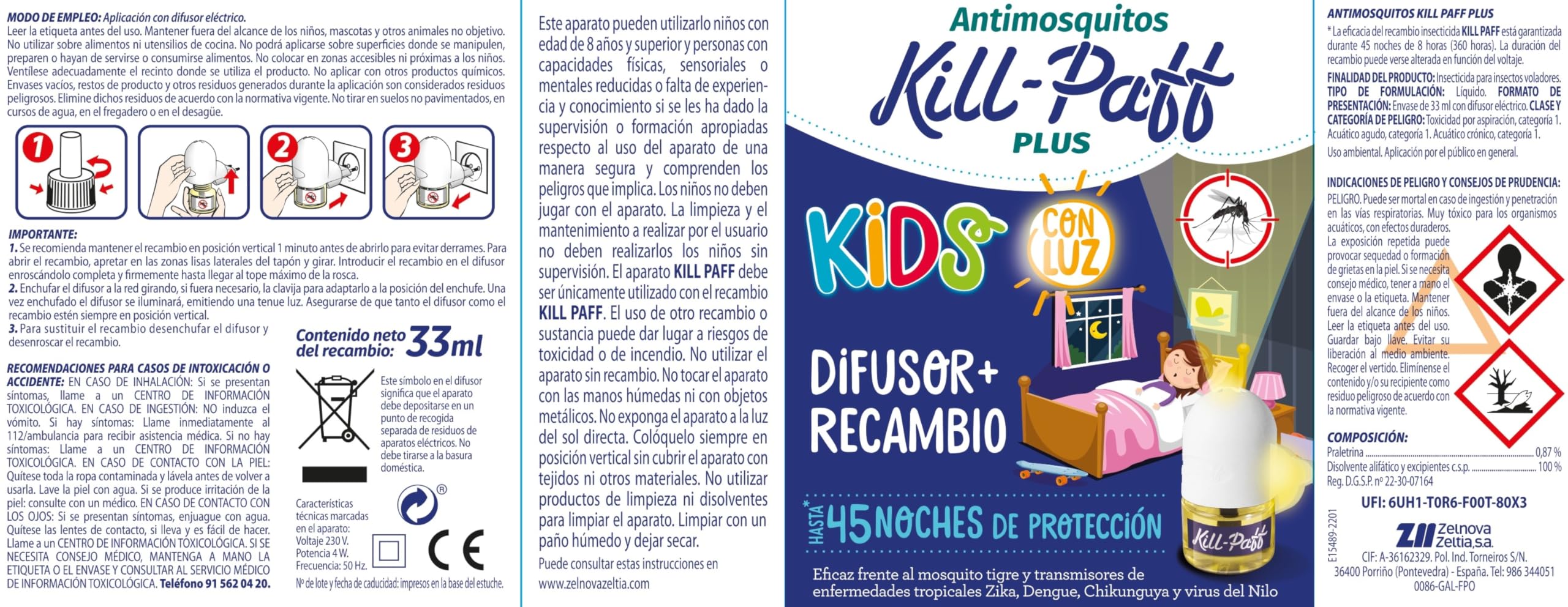 KILL-PAFF KIDS |Insecticida Eléctrico |Antimosquitos |Eficaz Contra Mosquito Tigre y Transmisores de Enfermedades Tropicales |Sin Olor|45 Noches de Protección |Contenido: 1 Dif + 1 Rec
