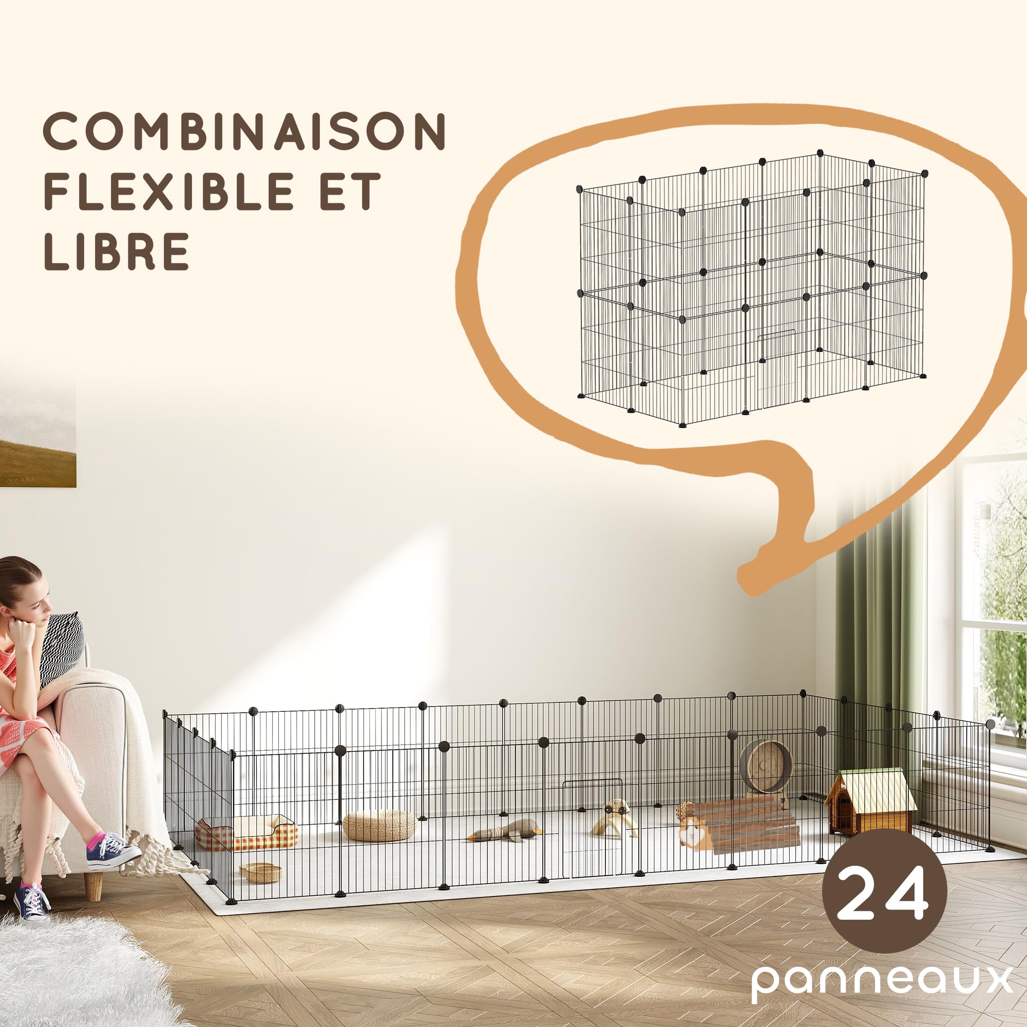 PawHut Enclos pour Animaux, Parc pour Petits Animaux modulable, 24 Panneaux, pour Lapins, cochons d'Inde, hérissons, 40 x 30 cm Chaque grillagé en Acier, 120 x 60 x 80 cm, Noir