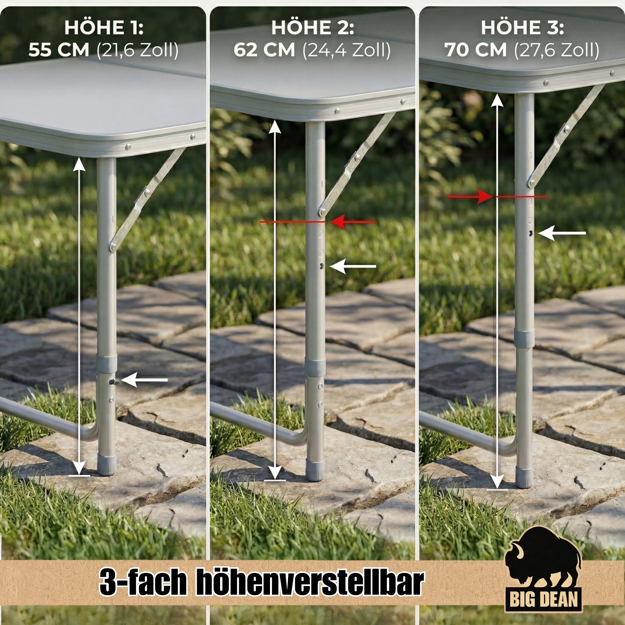 BigDean Klapptisch Campingtisch 120x60cm Höhenverstellbar & Stabil Alu Gestell mit Tragegriff