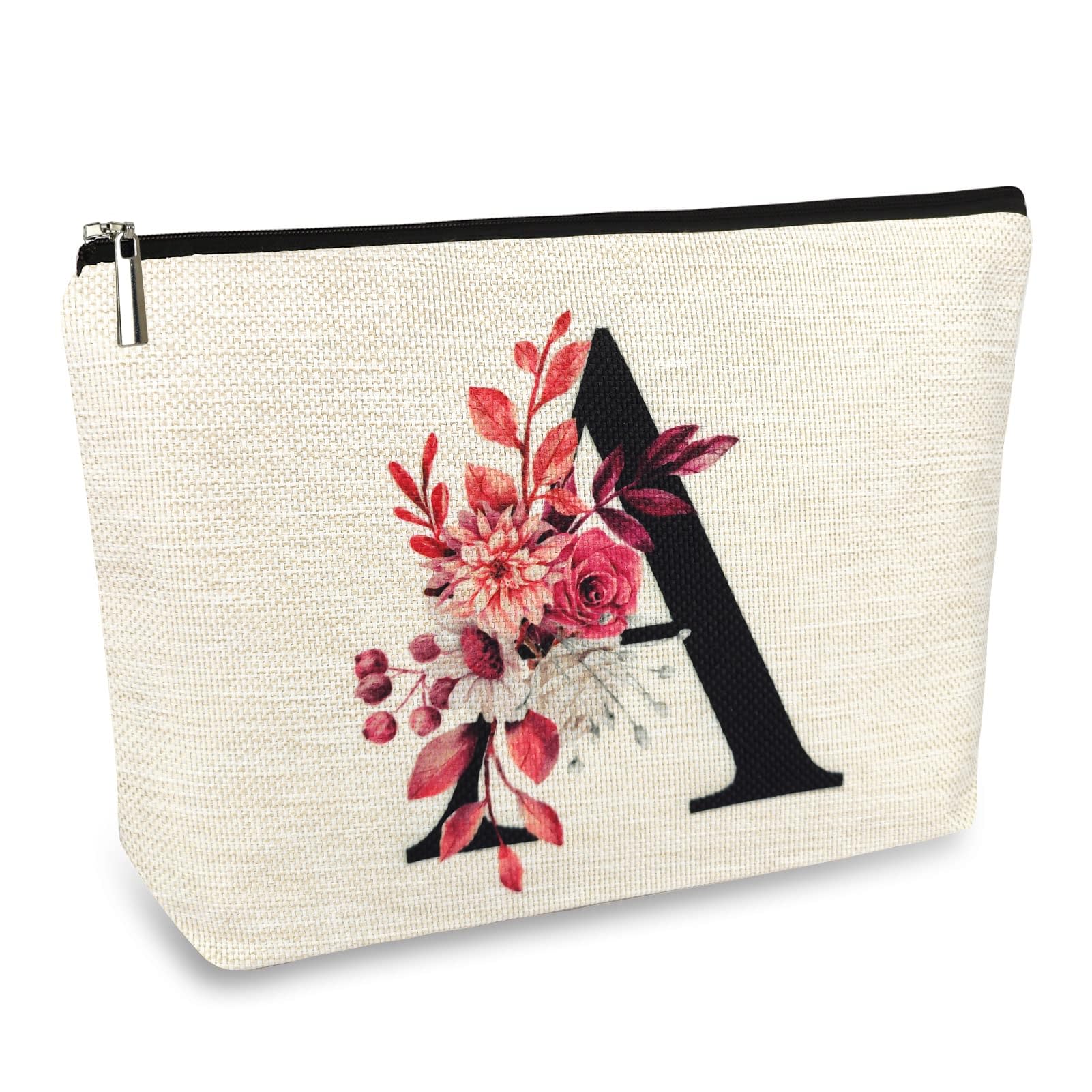 Initial A-Z Personalized Floral Makeup Bag, Monogrammed Birthday Gifts for Women Mom, Mothers Day Christmas Gift Ideas for Best Friend, Bride Bridesmaid, Her, Grandma, Small Travel Cosmetic Bag (A)