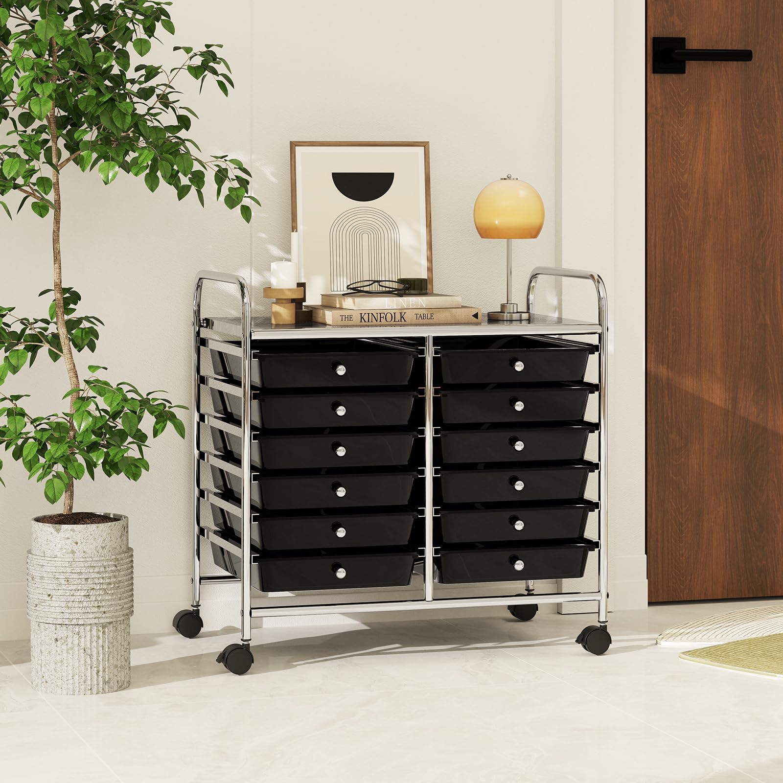 RELAX4LIFE Carrello di Stoccaggio con 12 Cassetti Estraibili, con Ruote Bloccabili e Maniglie, Struttura in Metallo, Carrello di Servizio con Ampia Piano per Soggiorno, Sala Giochi (BIANCO)