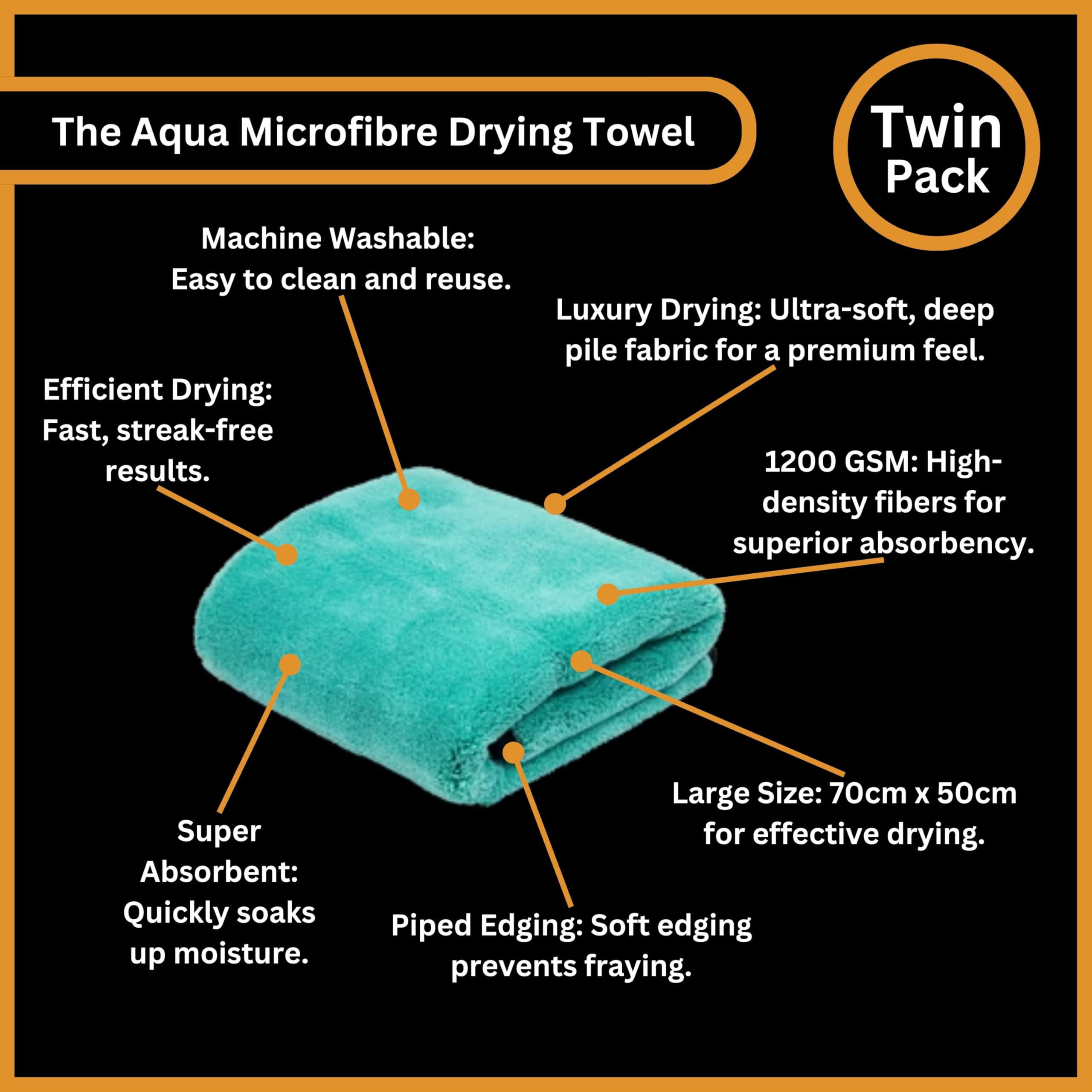 Tek Automotive Aqua - Juego de 2 toallas de secado de coche de lujo de 1200 g/m², paños de microfibra extra grandes (50 x 70 cm), superabsorbentes, ultrasuaves, para limpieza, detalles, pulido y
