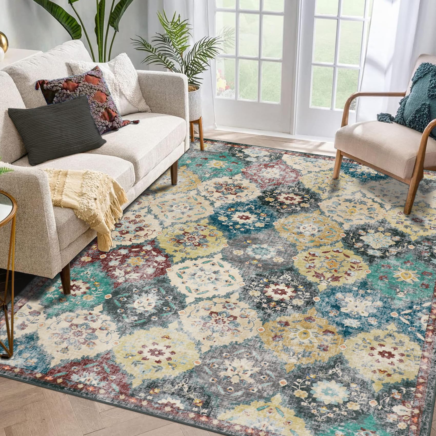 Cekene Trellis Area Rug 120x170cm Non-slip Soft Bedroom Rugs Washable Oriental Large Floor Rug for Living Room Bedside Kitchen Laundry Room Entrance