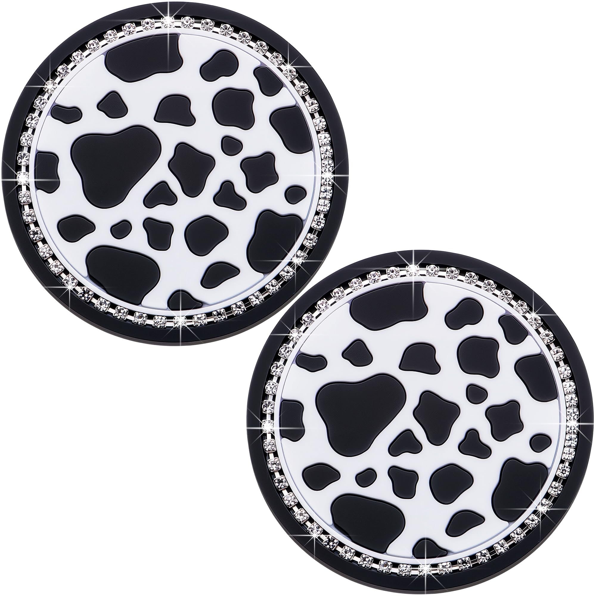 2PCS Bling Silicone Cup Holder Coaster – 2.75 Inch Universal Fit, Anti-Slip &amp; Shockproof, Cute Car Accessories for Girls (Cow Print)