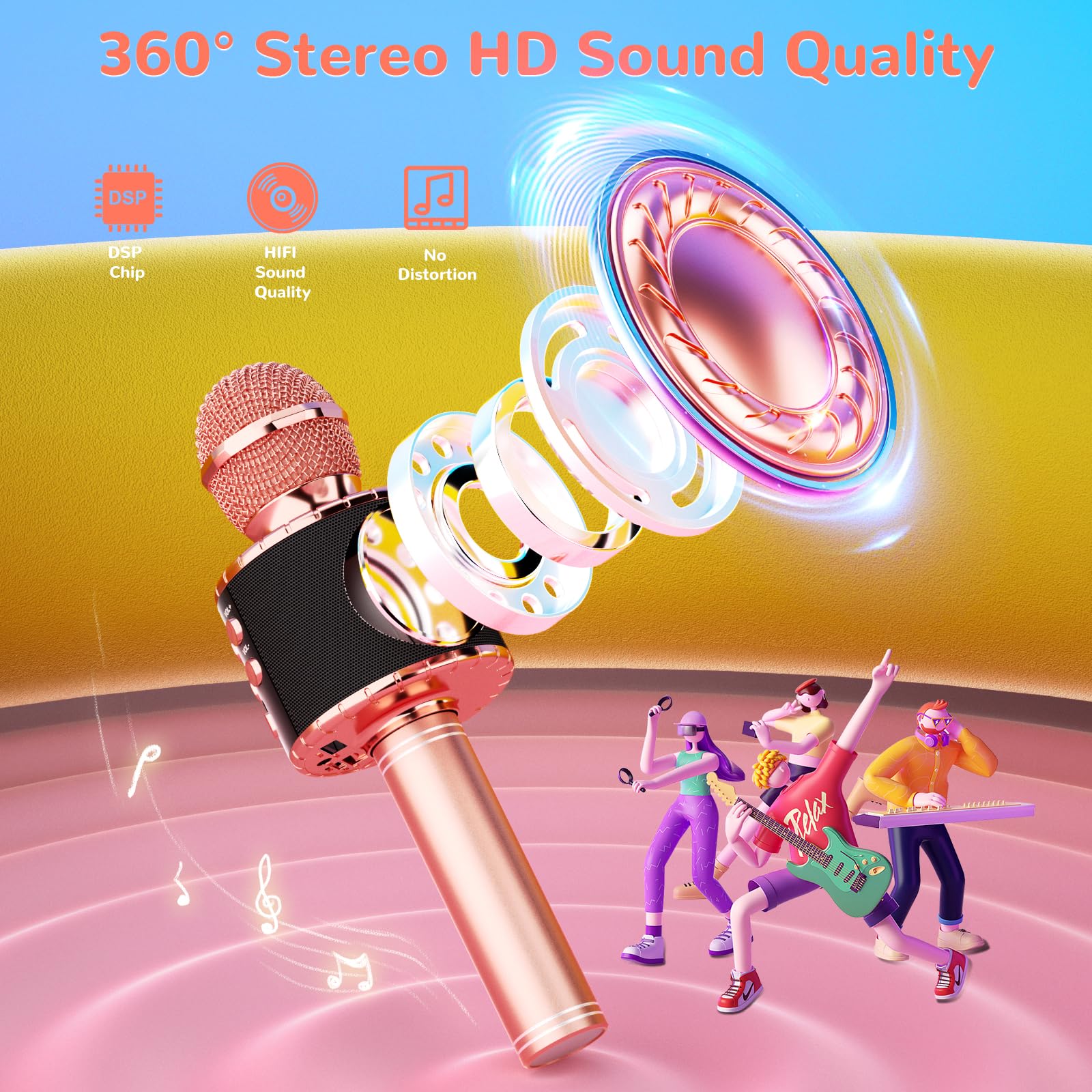 Ankuka Microfono Karaoke Bluetooth Wireless Microfono Bambini Regalo per Bambini 3-12 Anni Microfono Giocattolo Cambia Voce, Compatibile con Android, iOS, PC Oro Rosa-Nero