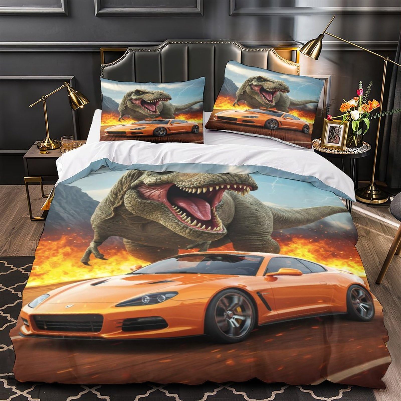 Inseguimento dei dinosauri 3D Stampa Coperteletto 3pz Microfibra Ipollergenica Film d'azione Coperta Letto 2 federe Antimacchia Ragazze Bambini Super king（260x220cm）