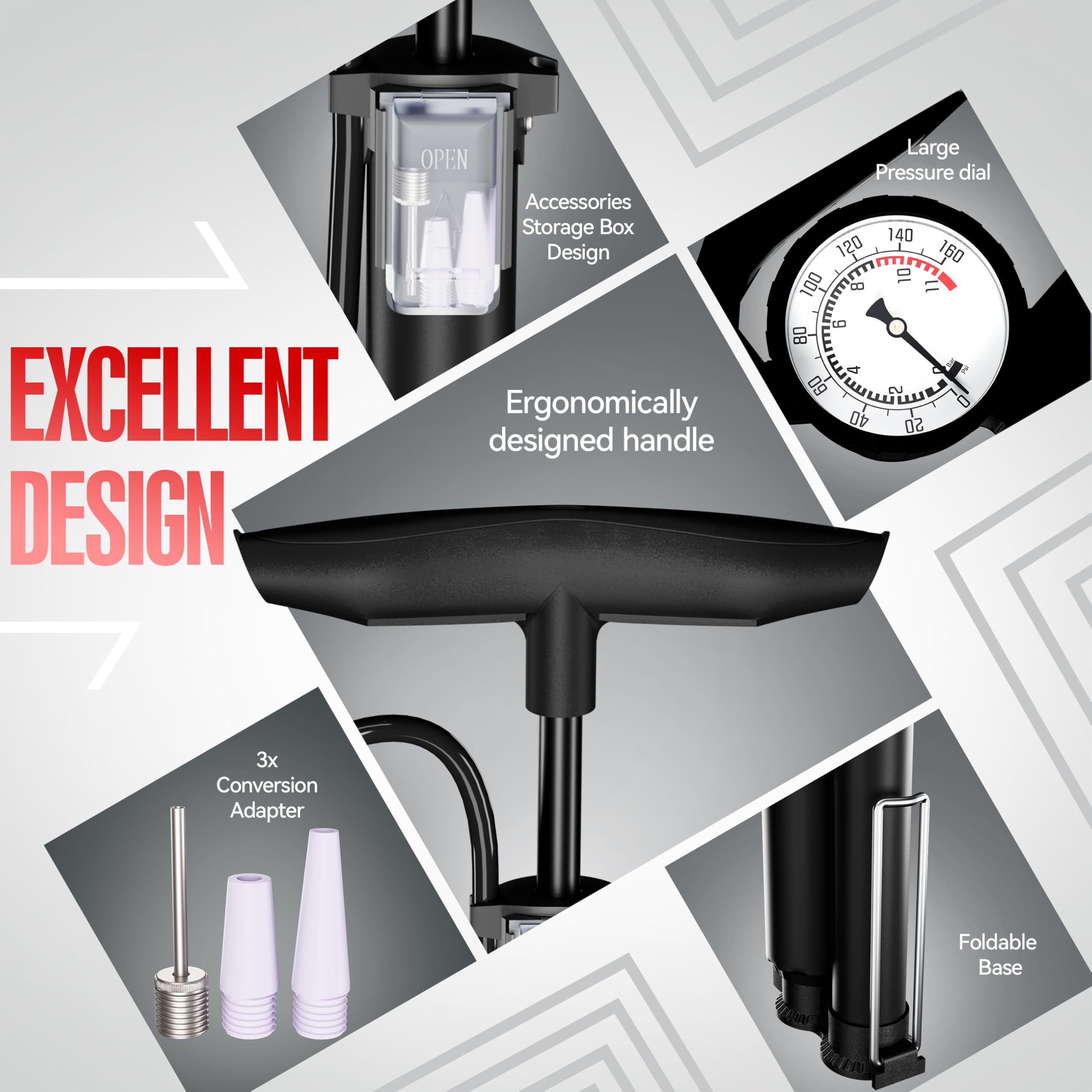 Stand-Fahrradpumpe alle Ventile AV, SV, DV - Fahrrad Luftpumpe Inklusive Großem Manometer, Adaptern & Behälter | Pumpe für Motorrad, E Bike, Auto & Sportartikel