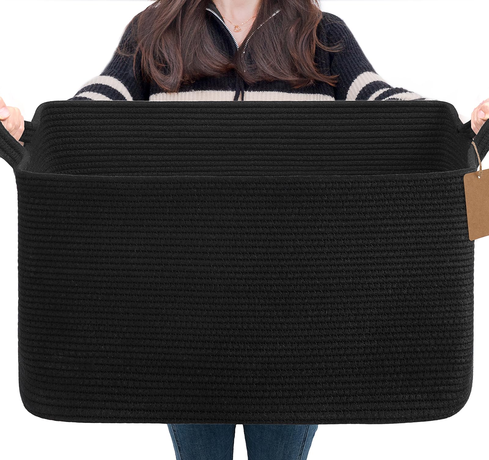 Goodpick 75L Extra Large Woven Rope Blanket Basket, Rectangle, Black | 22" × 17" × 12" Decorative Storage Basket for Pillows, Toys &amp; Clothes, Fits Bedroom &amp; Nursery Organization, Writable Label