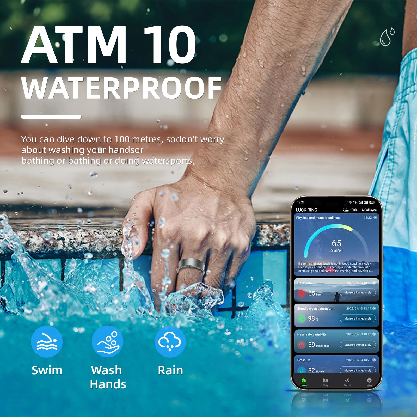 Smart Ring voor dames en heren, slaaptracker, fitnesstracker met hartslag, bloedtoxide, 10 ATM waterdicht, gezondheidsring compatibel met Android en iOS (Zwart, 12