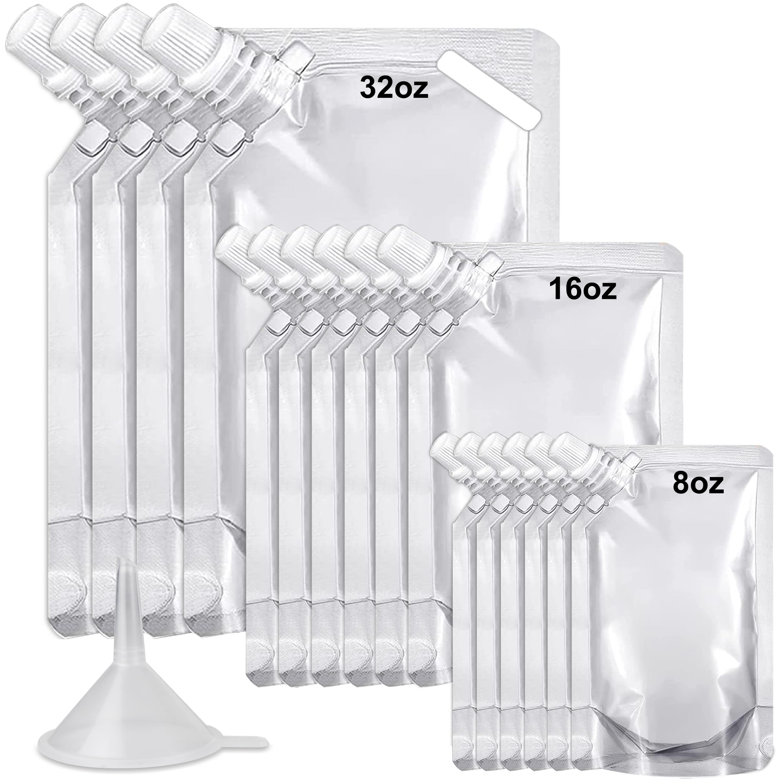 Plastic Flasks - Concealable and Reusable Drink Pouches, Leak-Proof Food Grade Plastic Drink Bags (4x32oz+6x16oz+6x8oz+1 Funnel)