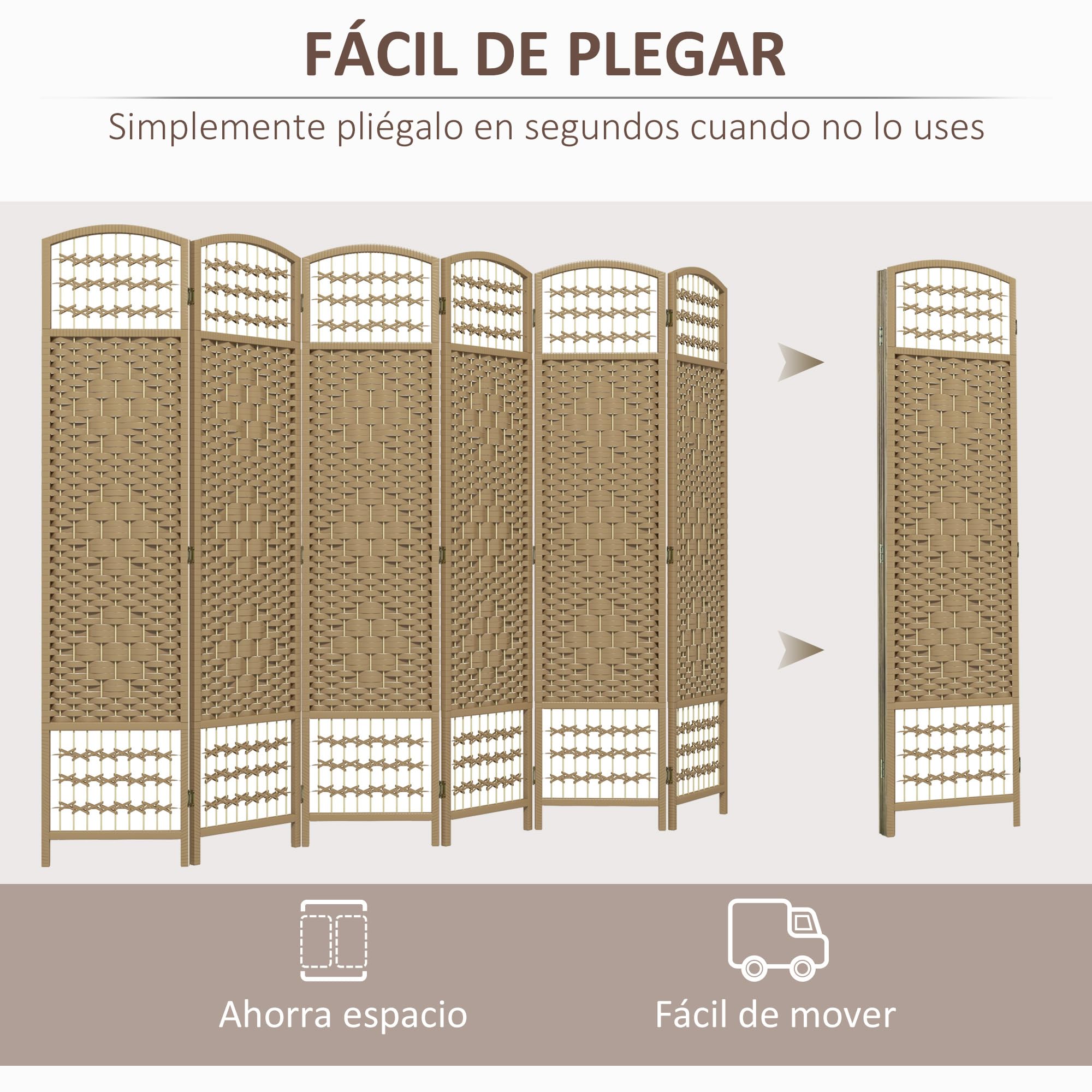 HOMCOM Biombo Plegable de 6 Paneles, 240x170 cm, Biombo Separador de Ambientes de Cuerda de Papel, Marco de Madera, Decoración para Dormitorio, Salón, Natural