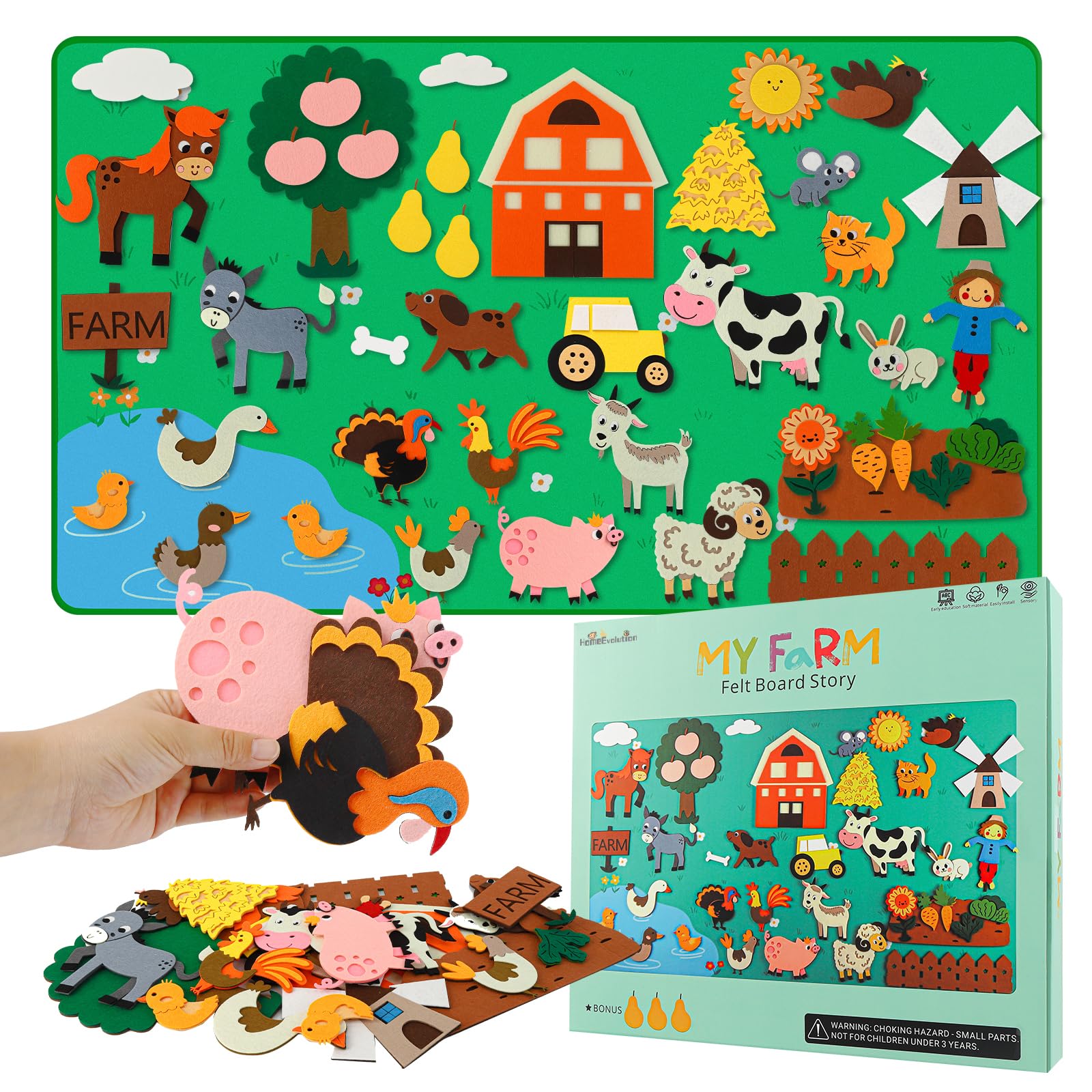 Farm Animals Felt Board Story Set for Toddlers Aged 1-3, Preschool Learning Activity Kit with Sewn Hook Fasteners, Interactive Sensory Toys for Boys and Girls Birthday Gift - 4ft Flannel, 43 Pieces