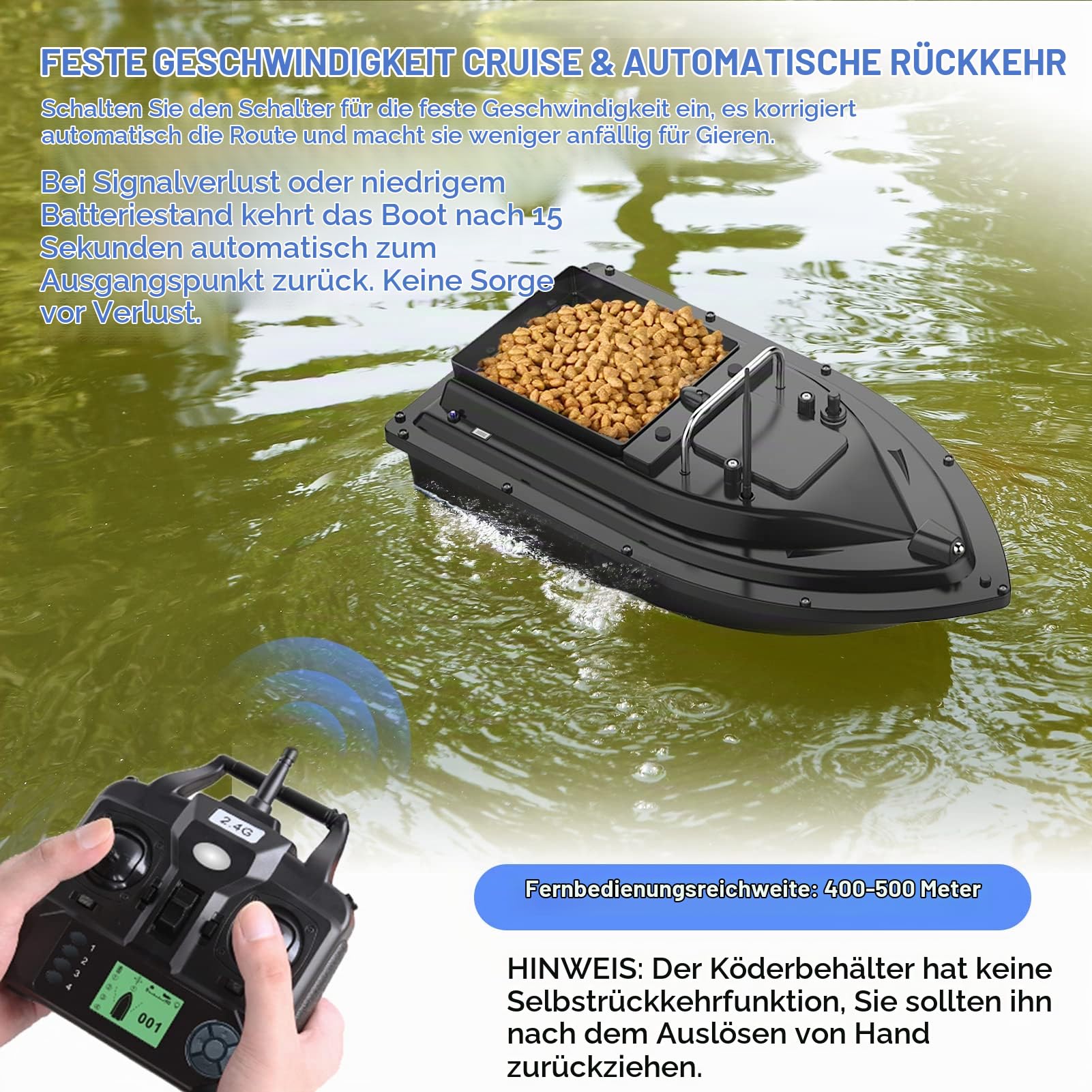 Kavolet 500m Köderboot Angeln Ferngesteuertes Futterboot, GPS Angelköderboot, 2KG Beladung Nachtangeln Köderboot mit großem Köderbehälter Automatisches Köderboot, 10000mAh wiederaufladbare Batterie