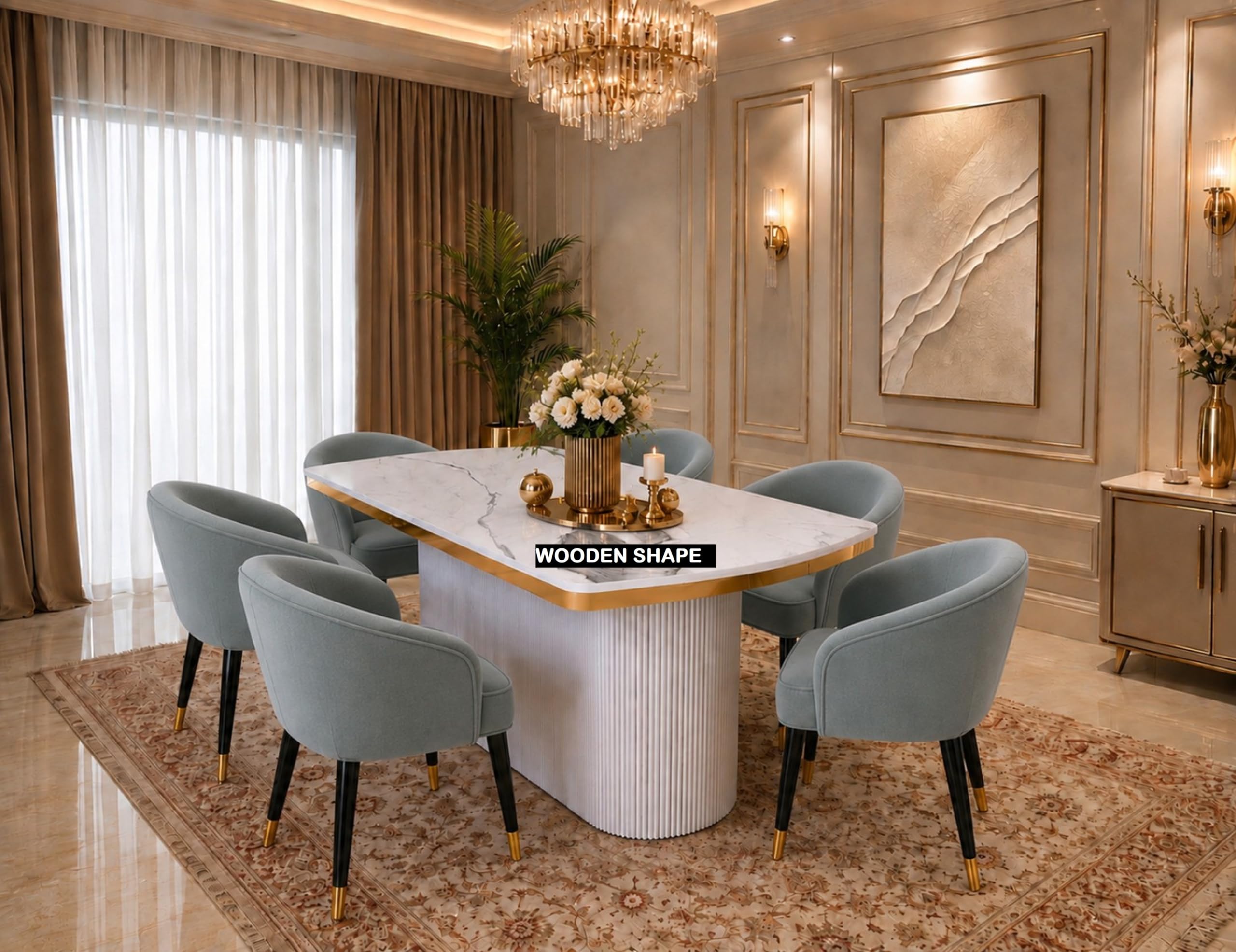 Modern 6-Seater Dining Table Set | Included 6 Fabric Chairs | Premium Marble-Top with Gold Accent Strip & Charcoal Louvers | Solid Wood Base | Modern Dining Room Furniture (Grey)-image-25