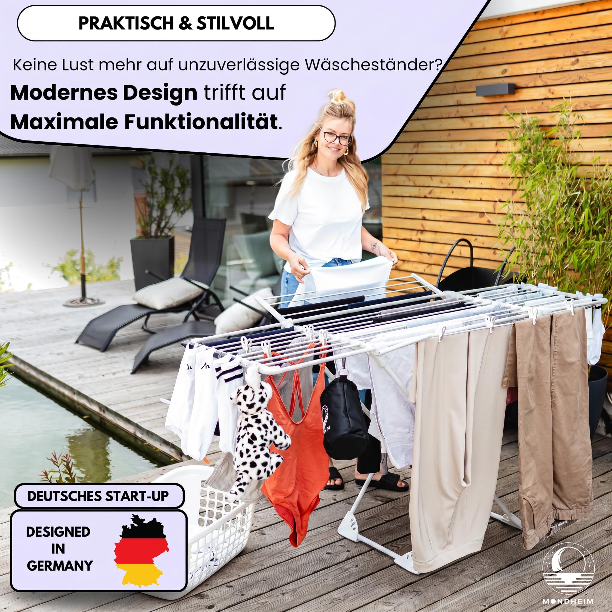 MONDHEIM® Obsidian | XXL Teleskop Wäscheständer 26M TROCKENLÄNGE | abnehmbare Querstrebe | Flügelwäscheständer platzsparend | nutzbar für Balkon oder Terasse (Weiß)