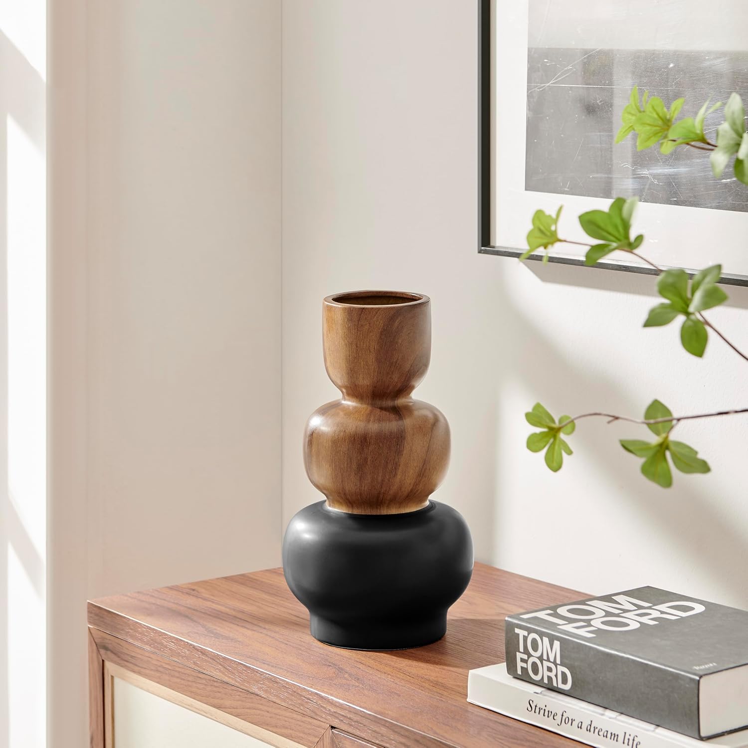 Milo Trinnet Three Tiered Stack Modern Two Tone Tabletop Vase - Black and Walnut (Large)