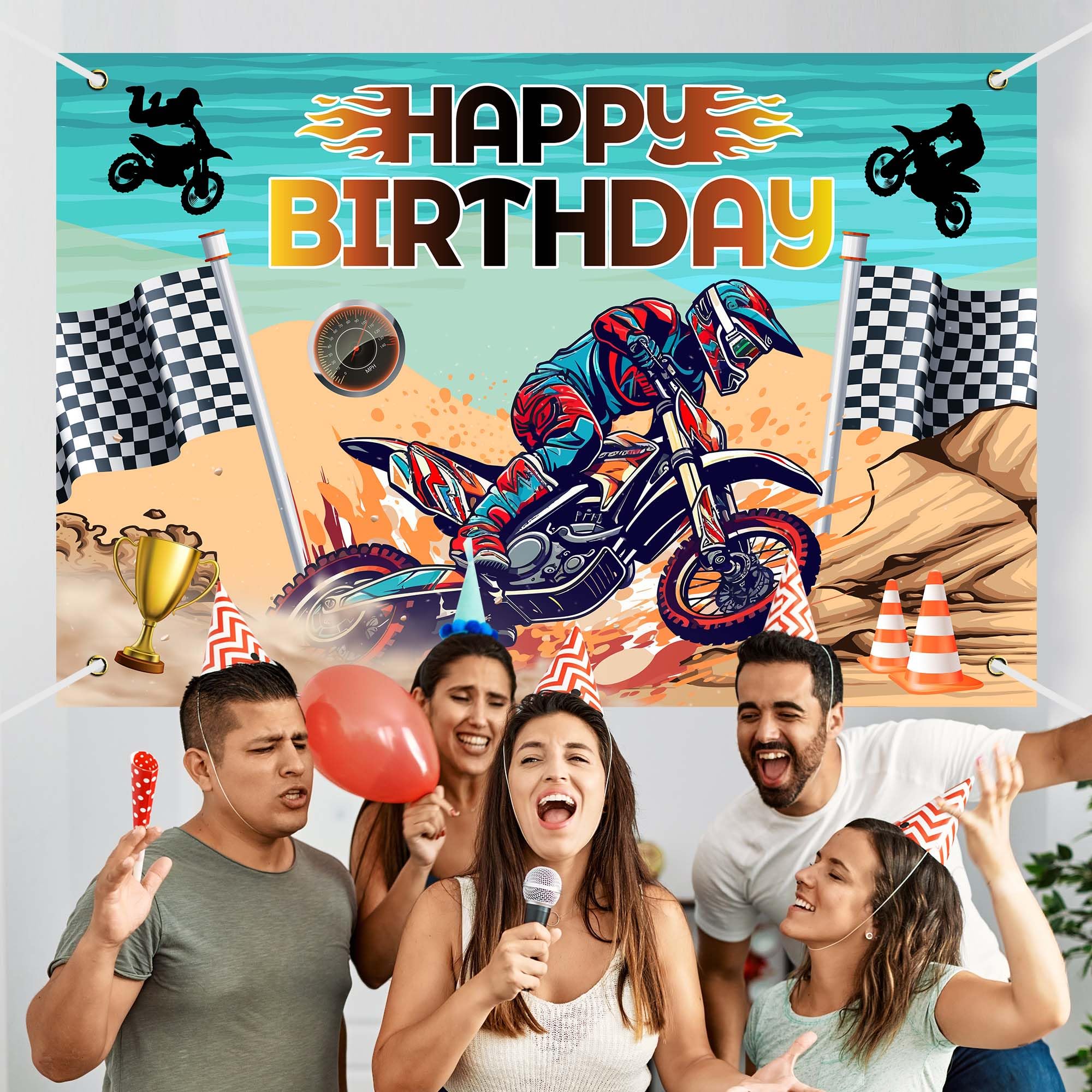 Dirt Bike Birthday Backdrop - 70x47 Inch Motocross Party Decor With Oxford Fabric