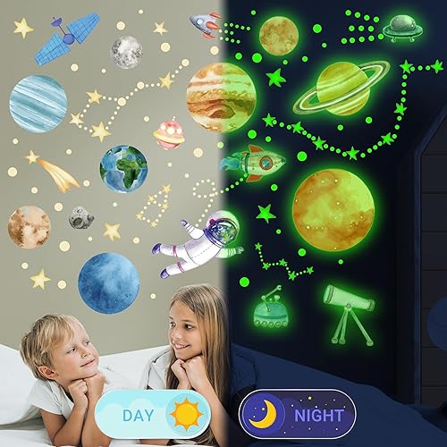 Miniatura 10 de Calcomanías de pared que brillan en la oscuridad, estrellas y planetas para techo, calcomanías de pared del sistema solar que brillan