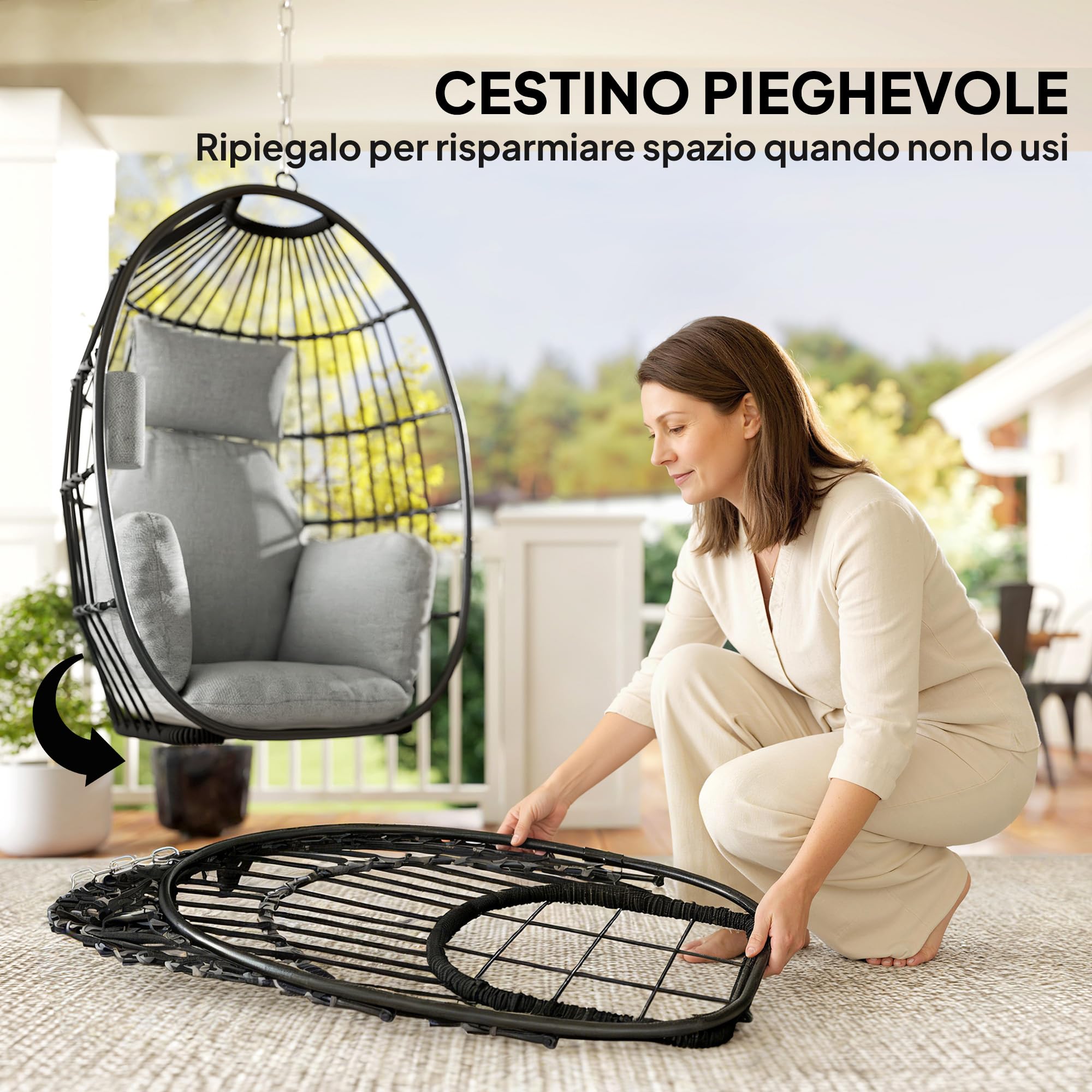 Outsunny Poltrona Sospesa a Uovo con Gancio, Cuscino Imbottito, Poggiatesta, Portabicchieri, Sedia a Dondolo da Giardino Pieghevole, in Acciaio, per Interni ed Esterni, 75x62x107 cm, Grigio