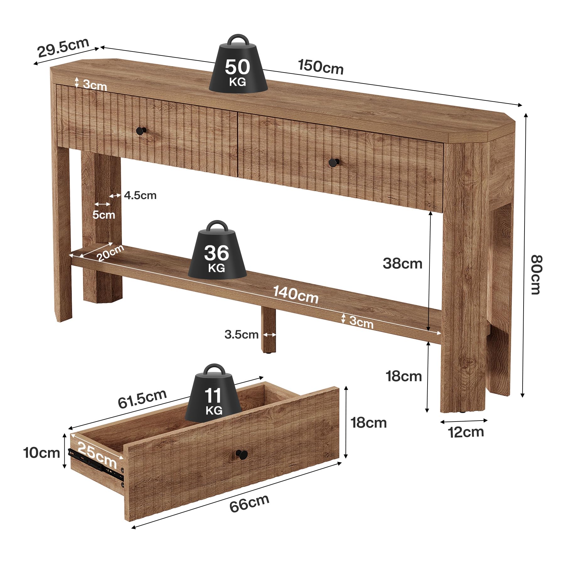 Tribesigns Tavolo consolle con 2 cassetti, 150 cm, tavolino da corridoio stretto con vano portaoggetti, tavolino da divano scanalato in stile rustico per soggiorno, corridoio, ingresso, marrone