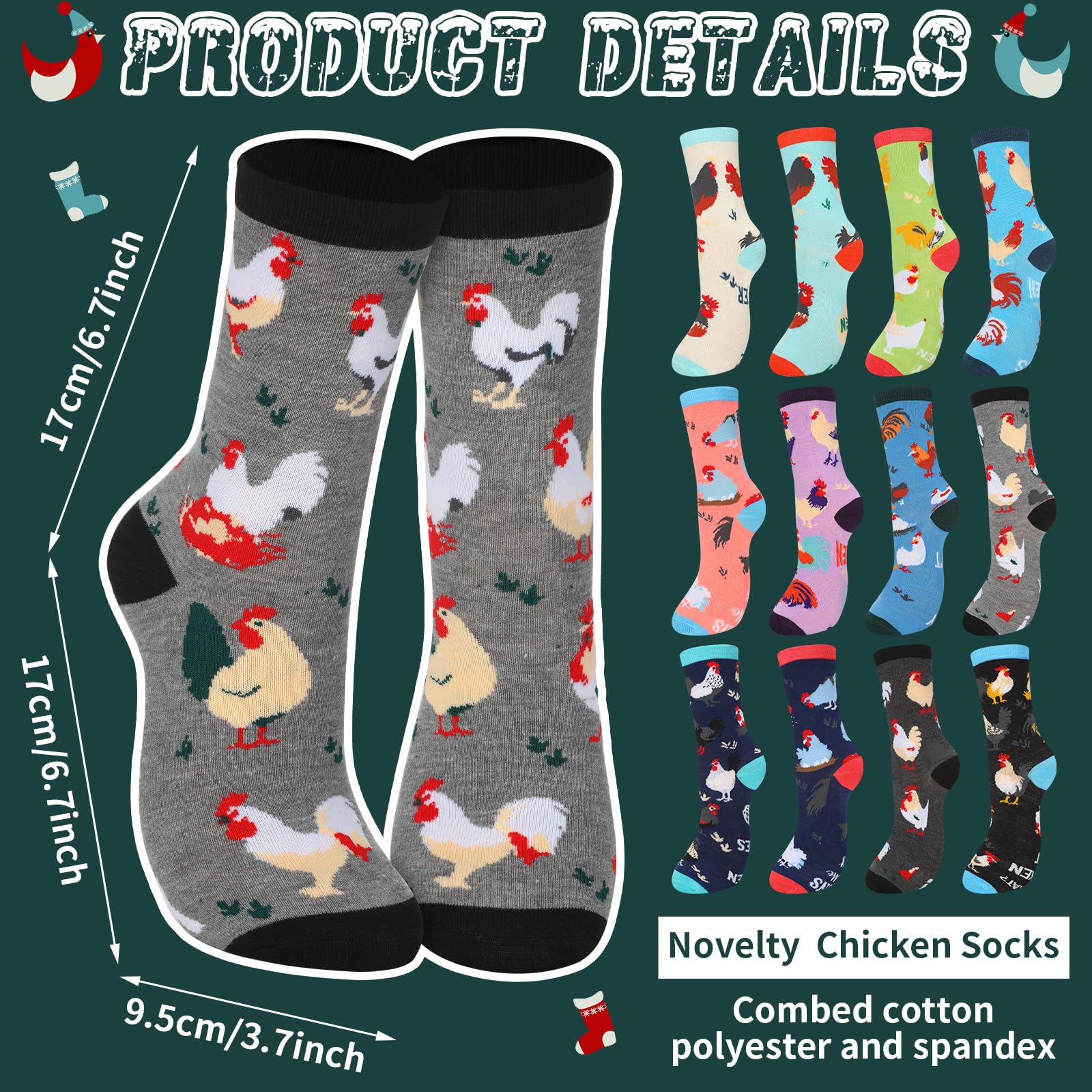 12 calcetines de Navidad con hongos de pollo para mujeres y hombres, regalos divertidos de Navidad para adultos, bonitos calcetines de dibujos animados para regalos