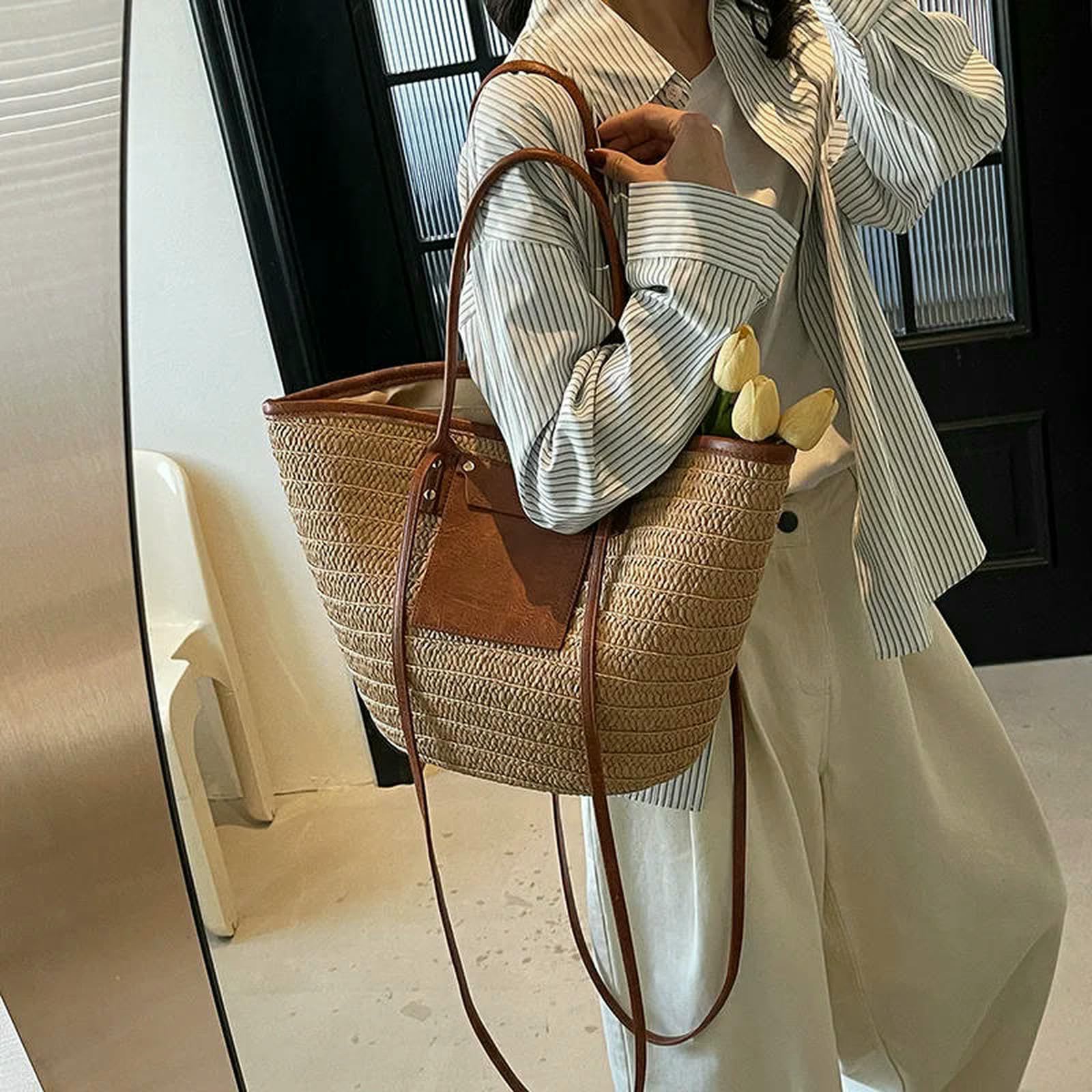 Strohtaschen Damen Shopper Frauen Stroh Gewebter Tasche Schulterbetrieb Großer Kapazität Stylish Crossbody Bag Webwebchen Satchel Patchwork Urlaub Tasche-Khaki