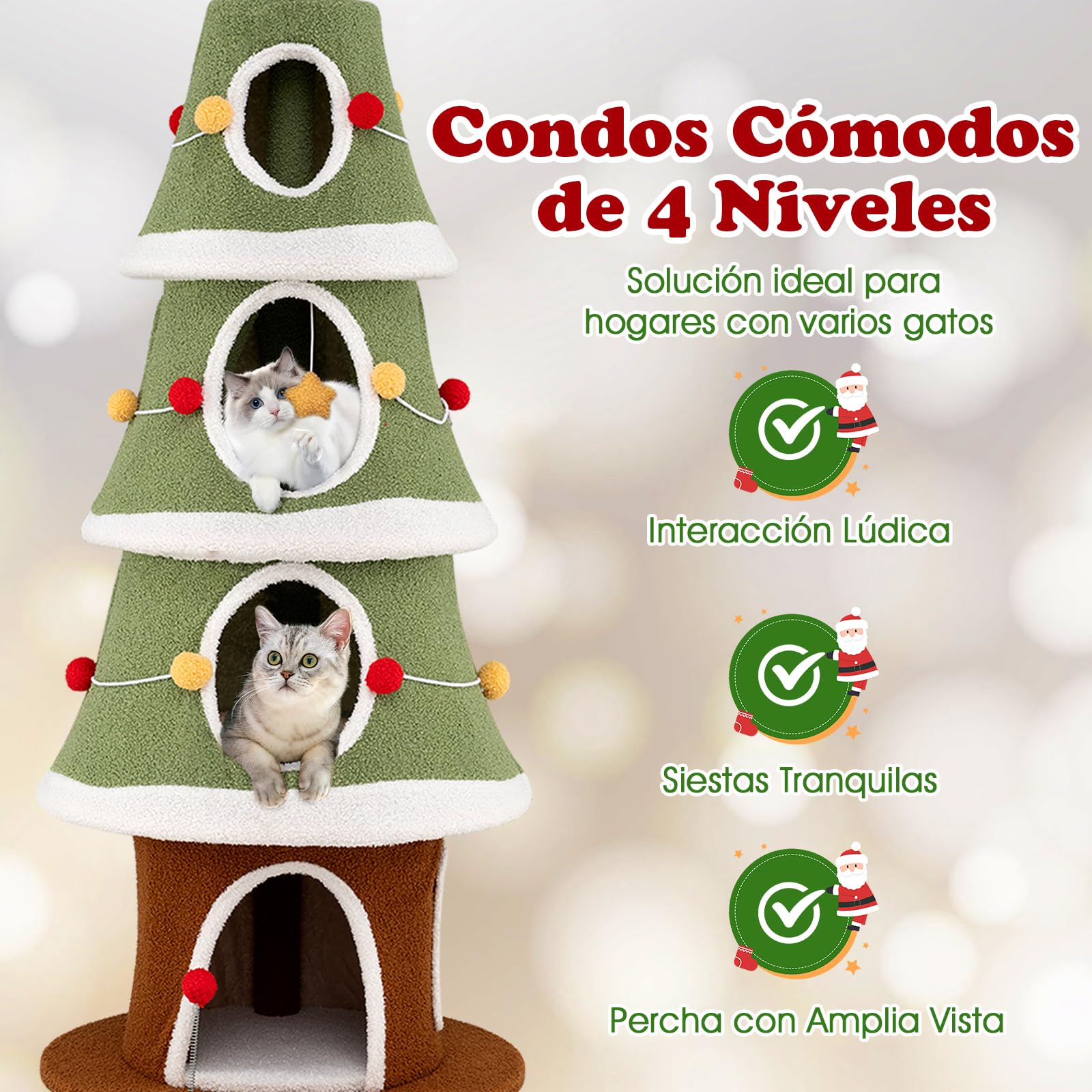 GYMAX 154 cm Árbol de Navidad para Gatos, Torre Multinivel para Gatitos con 4 Condominios, Alfombra Rascadora de Sisal, Juguete Colgante y de Resorte, Mueble de Escalada para Gatos (Estilo 5)