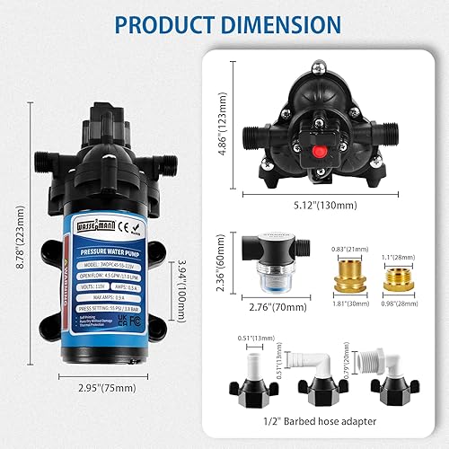 Miniatura 6 de WASSERMANN Bomba de presión de agua de 115 voltios CA 4.5GPM 55PSI, bomba de agua autocebante de diafragma con interruptor de presión para cocina,