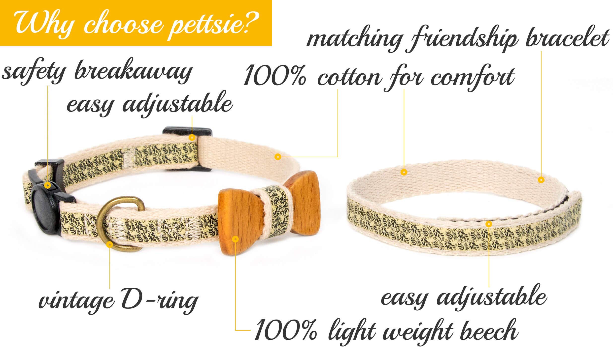 Pettsie collare di sicurezza per gatti con papillon e braccialetto dell'amicizia per te, 100% cotone resistente per una maggiore sicurezza, anello a D per accessori (20,3-28 cm)