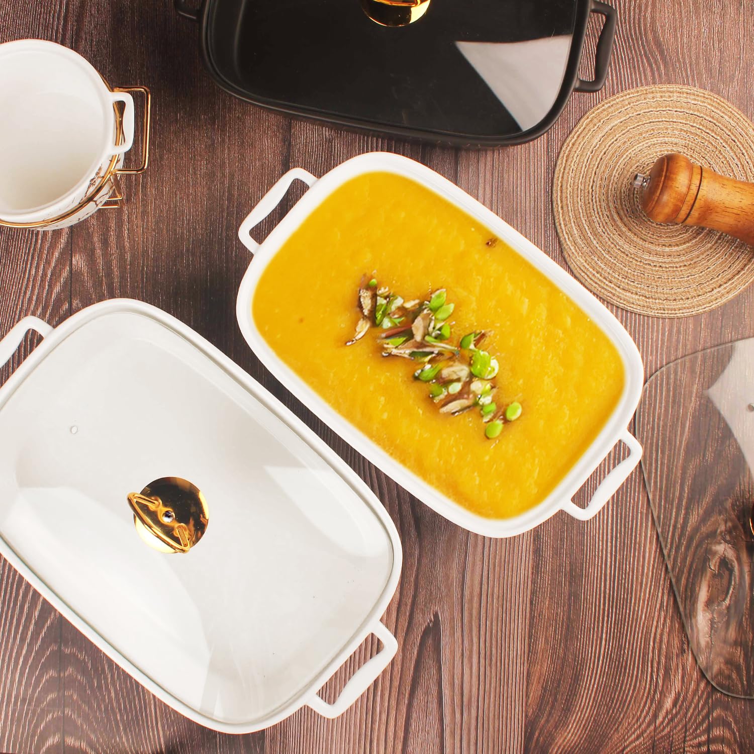 plat à gratin rectangulaire en porcelaine avec couvercle en verre, terrine de soupe de 1500 ML pour servir, plat chauffant pour buffets, plateau pour conserver les aliments, plat à gratin