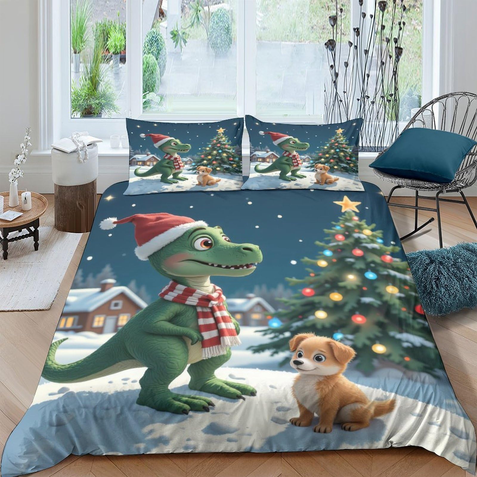 Ctjqhvkz Style-5 3D Printed Christmas Dinosaur Fitted Sheet Microfiber Soft Cartoon Puppy Bed Cover For Bedroom Dorm Mattress Decor Single（135X200cm）