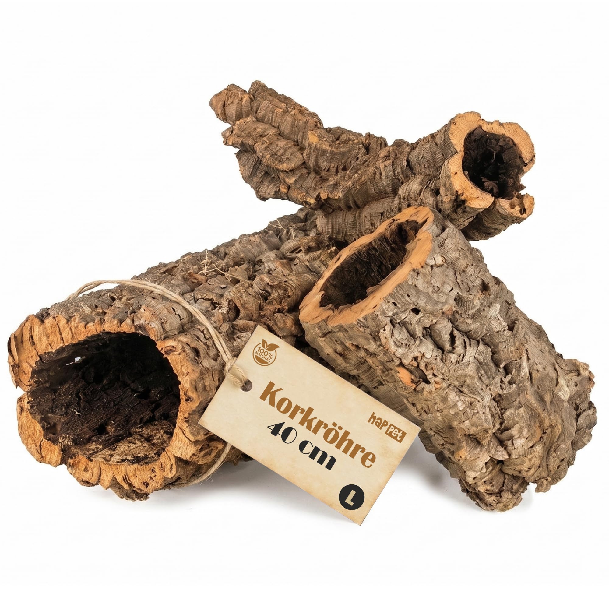 Happet Korkröhre L 40 cm, Ø 15–20 cm – Naturkork Tunnel, Versteck, Kletterhilfe & Rückzugsort für Hamster, Wellensittiche, Reptilien, Bartagame, Schlange, Korkrinde Terrarium Deko