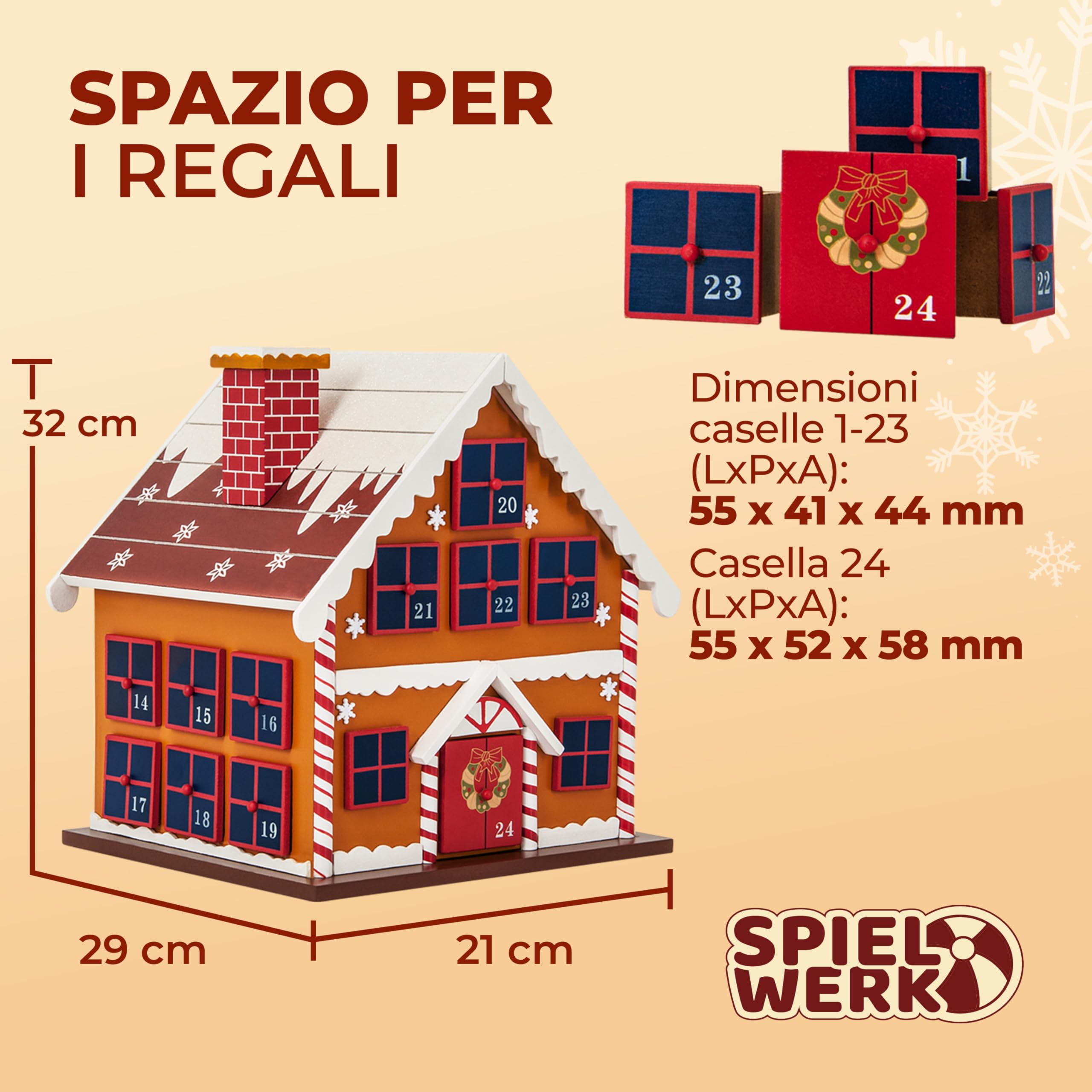 Spielwerk® Calendario dell' Avvento Riutilizzabile in Legno Casetta di Pan di Zenzero Decorazione Natalizia da Riempire